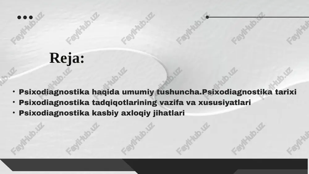 alablari nimalardan iborat; -psixodiagnostik tadqiqotning shart-sharoitlari, natijalarni qayta ishlash hamda ularni interpretatsiya qilish usullarining ishonchliligi nimalarga asoslangan; -test va psixodiagnostik metodlarning tuzilishi hamda ilmiyligini tekshirishning asosiy muolajalari nimalardan iborat kabi savollarga javob bo`ladi psixodiagnostika fani tarixi psixologik diagnostika fan sifatida xix asr oxirida eksperimental asosda vujudga keldi. psixologik diagnostikaning vujudga kelishida f.galton (1879); j.cattell (1890); h.ebbinghaus (1891); a.binet va v.henri (1896); a.binet va th.simon (1905) larning ishlari katta ahamiyatga ega bo'ldi. bu tadqiqotlarda individual farqlarni o'rganishning yangi statistikaga asoslangan quroli test ishlatila boshlagan. psixologiyada ilk bor psixometrik yo`nalish asoschisi f.galton testlar yaratgan. dastlabki test aqlni o'lchash metodi sifatida qo'llanildi, keyinchalik esa undan shaxsni. uning reaktsiyalarini o'rganishda foydalanila boshlandi. psixodiag- nostikada yangi metodlarni ishlab chiqish psixiatrik shifoxonalarning ehtiyojlari tufayli kuchaytirildi. keyinchalik esa kasb tanlash ishlari bilan bog'liq psixotexnikaning taraqqiyoti bilan yanada rivojlantirildi. psixologik diagnostika fan sifatida 1920-yillarda keng shakllana bordi psixodiagnostika fanining asosiy vazifasi: psixolog faoliyatining maxsus sohasiga taalluqli bo'lib, amaliy …