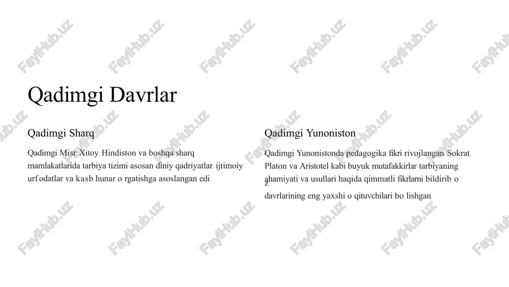 n taʼlim, faol usullar psixologik pedagogika bolalarning psixologik xususiyatlarini hisobga olish ijtimoiy pedagogika ijtimoiy muammolarni hal qilishda taʼlimning roli xxi asr: zamonaviy pedagogikaning xususiyatlari 1 texnologiya ʻ taʼlimda it texnologiyalarining faol qo llanilishi 2 globallashuv ʻ ʻ turli madaniyatlar o rtasidagi o zaro aloqalar 3 barcha uchun taʼlim taʼlim imkoniyatlarini kengaytirish pedagogikaning kelajagi 1 shaxsiylashtirilgan taʼlim har bir talabaning ehtiyojlariga moslashtirilgan taʼlim 2 bilimga erishish ʻ doimiy o rganish va yangi ʻ ko nikmalarni rivojlantirish 3 ijtimoiy javobgarlik barqaror rivojlanish va jamiyatga foyda keltirish xulosa pedagogika fanining rivojlanish tarixi ʻ , insoniyat tarixi bilan uzviy bog liq ʻ bo lgan murakkab va qiziqarli jarayon . ushbu fanning rivojlanishi, ʻ ʻ insonlarga bilim va ko nikmalarni o rgatish, tarbiyalash va jamiyatga foydali shaxslarni yetishtirish maqsadida amalga oshiriladi. image2.jpg image3.jpg image4.jpg image1.jpg image5.jpg image6.jpg image7.jpg