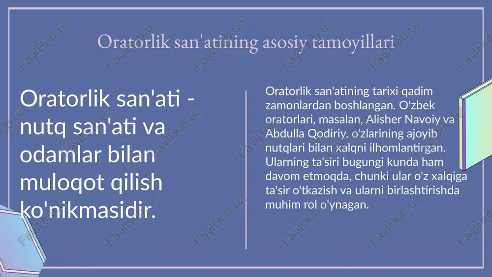 norasmiy; 2. nutqning tuzilishi - soddaligi va murakkabligi; 3. muloqot usuli - qiziqarli yoki ma'lumot beruvchi; 4. emotsional ta'sir - hissiy va intellektual. oratorlik uslublarini o'rganish, samarali muloqot va ta'sirchan nutq uchun muhimdir. oratorlik uslublari - bu nutqni ifodalash va tinglovchilarni ta'sir qilish usullaridir. ular turli maqsadlar va kontekstlarga mos ravishda tanlanadi. misollar: 1. muvaffaqiyatli siyosatchilar o'z nutqida maqol va hikoyalardan foydalanadilar; 2. ta'lim jarayonida o'qituvchilar talabalarga savol berish orqali interaktivlikni oshiradilar. photo by ashkan forouzani on unsplash 01 03 02 04 oratorlik san'atining muhim jihatlari effektiv oratorlik uchun zarur bo'lgan ko'nikmalar 1. o'zini ifoda etish: ovoz balandligi, ohang, va intonatsiya orqali fikrlarni aniq va tushunarli yetkazish. 2. tinglovchilarni jalb qilish: muloqotda hissiyotlarni uyg'otish va auditoriya bilan o'zaro aloqani o'rnatish. 3. nutqni rejalashtirish: nutqning tuzilishi va mazmuni orqali maqsadga erishish. oratorlik san'ati jamiyatda ko'plab ijtimoiy jarayonlarda muhim o'rin tutadi: 1. fikr almashish: ijtimoiy muammolarni muhokama qilish va yechimlar taklif etish. …
