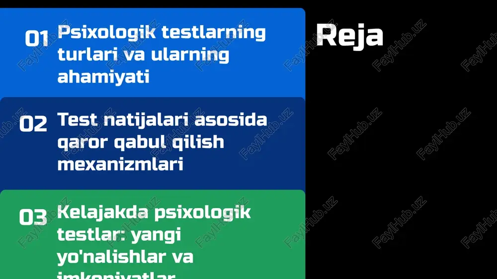 ri psixologik test natijalari insonning psixologik holatini, qobiliyatlarini va shaxsiy xususiyatlarini aniqlashga yordam beradi. ular insonning o'ziga xosliklarini birinchi navbatda ko'rsatadi. qaror qabul qilish test natijalari asosida qaror qabul qilish jarayoni yanada aniqroq va asosli bo'ladi. ular shaxsiy yoki professional hayotda muhim tanlovlarni qilishda qo'llanilishi mumkin. psixologik testlar va qaror qabul qilish o'rtasidagi bog'lanish psixologik testlar natijalari qaror qabul qilishda asosiy rol o'ynaydi, chunki ular shaxsning kuchli va zaif tomonlarini aniqlashga yordam beradi, bu esa to'g'ri qarorlar qabul qilishda muhimdir. qaror qabul qilish mexanizmlari mexanizm 1: test natijalarini tahlil qilish mexanizm 2: natijalarning amaliyotda qo'llanilishi test natijalari tahlil qilinayotganda, ularning statistik ko'rsatkichlari va shaxsiy xususiyatlari muhim ahamiyatga ega. ushbu tahlil orqali, qaror qabul qilish jarayonida asosiy omillar aniqlanadi va ularning ta'siri baholanadi. natijalar amaliyotda qo'llanilganda, misol uchun, xodimlar tanlovida yoki ta'lim jarayonida, test natijalari asosida shaxsiy yondashuvlar ishlab chiqiladi. bu esa, samaradorlikni oshirishga yordam beradi. natijalar va strategiyalar o'zgaruvchan qarorlar …