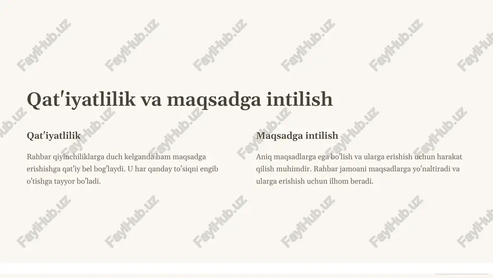 i izlaydi. u muvaffaqiyatli tajribalarni takrorlaydi va xatolarni bartaraf qiladi. 6 kommunikatsiya va inson bilan ishlash mahorati tinglash qobiliyati rahbar jamoa a'zolarini diqqat bilan tinglaydi va ularning fikrlarini tushunadi. u ochiq muloqotni rag'batlantiradi. aniq va samarali aloqa rahbar o'z fikrlarini aniq va samarali tarzda etkazadi. u jamoa a'zolarini xabardor qilib turadi va ularga kerakli ma'lumotlarni beradi. 7 adaptivlik va o'zgarishlarga moslashuvchanliq 1 o'zgarishlarga ochiqlik rahbar o'zgarishlarga ochiq bo'ladi va ularga moslashishga tayyor. u yangi vaziyatlarga tez moslasha oladi. 2 moslashuvchanlik rahbar o'zgarishlarga moslashish uchun o'z harakatlarini o'zgartirishi mumkin. u vaziyatga qarab o'z rejasini moslashtiradi. 3 o'zgarishlarga moslashuvchanlik rahbar o'zgarishlarni samarali boshqarishga va ularga jamoa bilan birgalikda moslashishga qodir. 8 tahliliy fikrlash va muammo yechish layoqati 1 muammoni aniqlash rahbar muammoni aniqlaydi va uning sabablarini tahlil qiladi. u muammoni chuqur o'rganib chiqadi. 2 echimlarni taklif qilish rahbar muammoni hal qilish uchun turli xil echimlarni taklif qiladi. u ma'lumotlarga asoslangan qarorlar qabul …