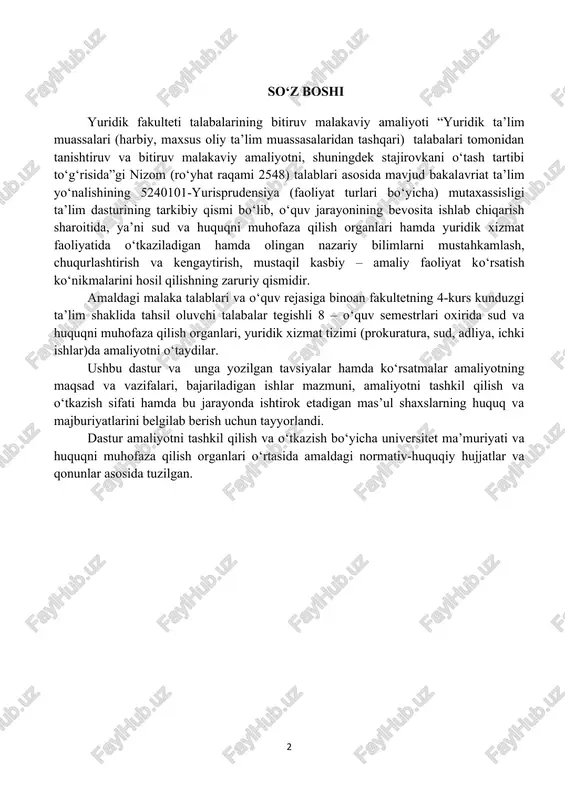 asida amaldagi normativ-huquqiy hujjatlar va qonunlar asosida tuzilgan. talaba uchun bitiruv malakaviy amaliyot to‘g‘risida talabalarning amaliyot bilan bog‘liq majburiyatlari talaba amaliyot davrida quyidagilarni bajarishi shart: · amaliyotni o‘tash uchun belgilangan joyiga jo‘nab ketishdan oldin dekanat va kafedradan, amaliyot davomida qanday material (ma’lumot)larni to‘plashi va bu borada nimalar qilinishi kerakligi to‘g‘risida ko‘rsatmalar olishi; · fakultetdan biriktirilgan rahbar bilan uchrashib, tashkiliy masalalar bo‘yicha tavsiyalar, ko‘rsatmalar olishi; · amaliyot rahbaridan zarur hujjatlarni olish; · amaliyot o‘tashga faqat universitet tomonidan tayinlangan (rektor buyrug‘iga asosan) manzilga borishi; · amaliyot o‘tashdan oldin hisobot daftarida ko‘rsatilgan qoida va ko‘rsatmalar bilan batafsil tanishishi; · amaliyot o‘tash joyida belgilangan mehnat intizomiga va ichki tartib-qoidalariga qat’iy rioya etishi; · biriktirilgan rahbarlarning ko‘rsatmalarini bajarishi; · talaba amaliyot o‘tash bo‘yicha shaxsan hisobot daftariga bajarilgan ishlarning qisqacha mazmunini yozib amaliyot joyidagi rahbariga ko‘rsatadi va tasdiqlatadi; · amaliyot tugashi bilan rasmiylashtirilgan hisobot daftarini fakultetdan biriktirilgan rahbarga (yoki imtihon komissiyasiga) taqdim etadi. bitiruv malakaviy amaliyot …