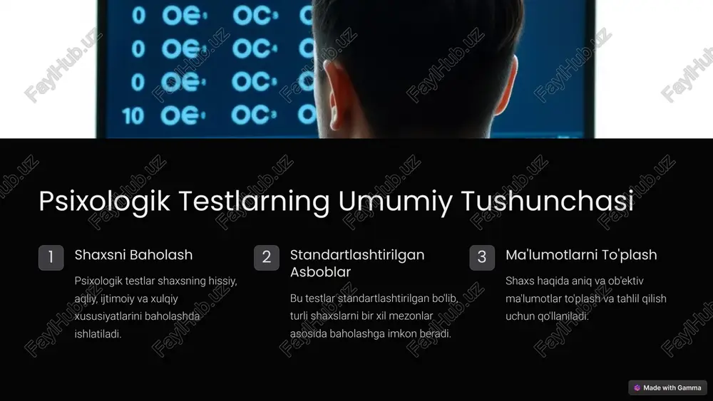 igan xususiyatga mos va ishonchli test tanlash kerak. o'tkazish sharoitlari testni o'tkazish sharoitlari va tartibi to'g'ri bo'lishi kerak. natijalarni talqin qilish natijalarni to'g'ri va malakali ravishda talqin qilish muhimdir. 7 psixologik testlardan foydalanishning afzalliklari ta'limda talabalarning qobiliyatlarini aniqlash va o'rganish uslublarini tushunishga yordam beradi. ishga joylashtirishda ishga moslashuvchanlikni baholash va to'g'ri xodimlarni tanlashga yordam beradi. ishchi guruhni shakillantirishda jamoa a'zolarining xususiyatlarini aniqlash va muvaffaqiyatli jamoani shakillantirishga yordam beradi. 8 psixologik testlardan foydalanishning cheklanganliklari 1 madaniy ta'sirlar madaniy farqlar test natijalariga ta'sir qilishi mumkin. 2 shaxsiy xususiyatlar shaxsning ruhiy holati va kayfiyati natijalarga ta'sir qilishi mumkin. 3 interpreatasiya natijalarni noto'g'ri talqin qilish xatoliklarga olib kelishi mumkin. 9 xulosalar va tavsiyalar psixologik testlar shaxs haqida qimmatli ma'lumotlarni beradi, lekin ularni ehtiyotkorlik bilan talqin qilish kerak. test natijalarini boshqa ma'lumotlar bilan birlashtirib, to'g'ri xulosalar chiqarish va samarali qarorlar qabul qilish mumkin. 10 image1.png image2.png image3.png image4.png image5.png image6.png image7.png image8.png image9.png image10.png image11.png …