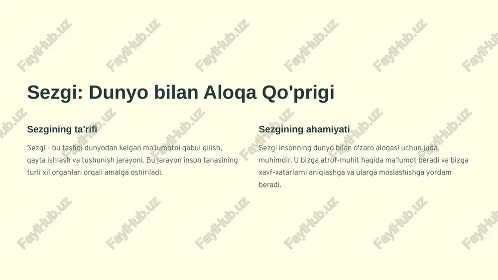ri tomonidan qabul qilinadi. 3 boshqa hislar shuningdek, kislorod etishmovchiligi, gijjalar, qon bosimi o'zgarishi va boshqa ichki organlardagi holatlarni sezish mumkin. 1.7.2013 5 ‹#› kinestik sezgi: harakat va pozitsiya mushaklar mushaklarning qisqarishi va cho'zilishi haqidagi ma'lumotlar mushak retseptorlari orqali o'tadi. bo'g'imlar bo'g'imlarning holati va harakati haqidagi ma'lumotlar bo'g'im retseptorlari orqali yuboriladi. muvozanat muvozanat sezgisi ichki quloqdagi vestibulyar tizim tomonidan boshqariladi. 1.7.2013 6 ‹#› sezgining neyrofiziologik asoslari 1 retseptorlar tashqi dunyodan ma'lumot olib, uni asab impulslari shaklida qayta ishlaydi. 2 asab toidlari retseptorlardan miyaning turli qismlariga ma'lumot yuboradi. 3 miya markazi asab impulslari qayta ishlanadi va sezgi hislari shakllantiriladi. 1.7.2013 7 ‹#› sezgi tizimlarining xususiyatlari mo'tadillik har bir sezgi tizimi o'ziga xos ma'lumot turlarini qabul qiladi va qayta ishlaydi. moslashuvchanlik sezgi tizimlari vaqt o'tishi bilan atrof-muhitga moslashadi. masalan, qorong'ida ko'rish qobiliyati yaxshilanadi. birlashtirilganlik turli xil sezgi tizimlari birgalikda ishlaydi, bu bizga dunyo haqida to'liq va aniq ma'lumot olishga imkon beradi. 1.7.2013 …