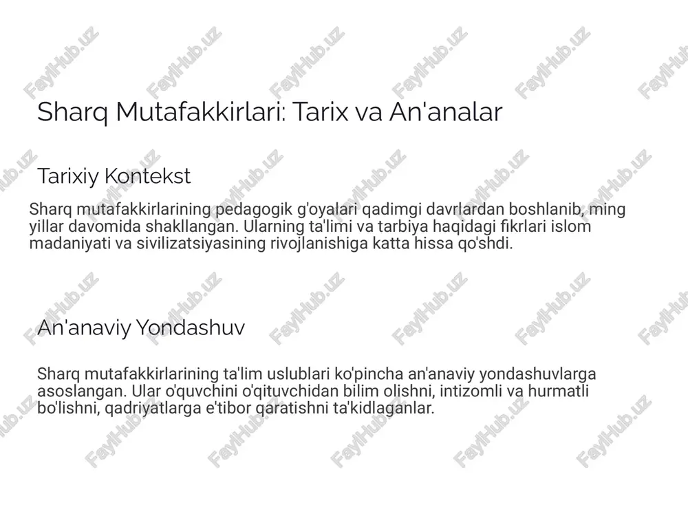 . o'xshashliklar ikki ta'lim tizimi o'rtasida o'xshashliklar ham mavjud. ikkalasida ham bilim olish, fikrlashni rivojlantirish, muammolarni hal qilish ko'nikmalarini shakllantirish muhim ahamiyatga ega. 4 kichik guruhlar bilan ishlashda sharq mutafakkirlarining uslublari muhokama va bahs sharq mutafakkirlarining ta'lim uslublarida muhokama va bahs olib borish katta ahamiyatga ega edi. ular o'quvchilarni bir-birlariga fikrlarini bayon qilishga, bahslarga kirishishga, to'g'ri xulosalar chiqarishga undaganlar. savol-javob o'quvchilarni faollikka jalb qilish uchun savol-javob usuli keng qo'llanilgan. o'qituvchi savol berib, o'quvchilarga o'z fikrlarini bildirish imkoniyatini yaratgan. hikoya va maqol hikoya va maqollardan foydalanish orqali o'quvchilarga g'oyalarni tushunarli qilib berish, ularni ilhomlantirish va tarbiyalash maqsad qilingan. 5 guruhiy faoliyatlarni loyihalash: sharq an'analari asosida birgalikdagi ish guruhlarni tashkil qilishda birgalikdagi ishga urg'u berilishi kerak. bu o'quvchilarni bir-birlariga yordam berishga, o'zaro hamkorlik qilishga o'rgatadi. rollarning taqsimlanishi har bir guruh a'zosiga ma'lum vazifa yoki rol berish maqsadga muvofiq. bu o'quvchilarning o'z iste'dodlarini namoyon qilish, mas'uliyat hissini o'stirish imkonini beradi. o'zaro baho guruhlarda …