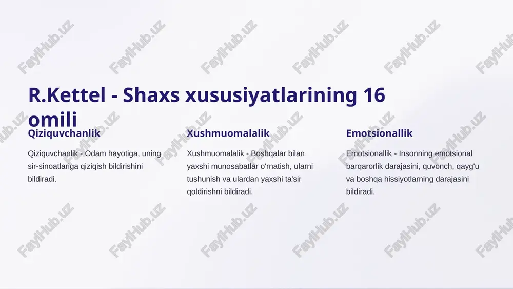 rsatkichlar mavjud bo'lib, ular shaxs uchun eng maqbul xulq-atvor namunalarini belgilaydi. kuchli va zaif tomonlarni aniqlash testdan olingan natijalarga ko'ra shaxsning kuchli va zaif tomonlari aniqlanadi, bu uning rivojlanish uchun zarur omillardir. 1.7.2013 5 ‹#› ayzenk - shaxsiyat xususiyatlari 3 asosiy omili ekstroversiya - introversiya ekstrovertlar o'zlarini tashqi dunyoga ochildirib, aloqa o'rnatishni yaxshi ko'radilar. introvertlar esa o'z ichki dunyosiga yopiqroq boʻladilar. neyrotizilik neyrotizilik - shaxsda emotsional barqarorlik darajasini ifodalaydi. bu sifat inson xulq-atvorining emotsional jihatlarini belgilaydi. psixotizilik psixotizilik - inson xulq-atvorining ijtimoiylikka qarama-qarshiligini ifodalaydi. bu sifat shaxs xarakterida individual va ijtimoiy xususiyatlarni yaxlitligini bildiradi. 1.7.2013 6 ‹#› ayzenk shaxs xususiyatlari modelining asosiy xususiyatlari ierarxik tuzilma ayzenk modelida shaxs xususiyatlari uzviylashgan va ierarxik tuzilishga ega. biologik asoslangan ayzenk fikricha, shaxs xususiyatlari biolog neyro-fiziologik xususiyatlarga asoslangan. koʻp-o'lchovli model shaxsning tarkibiy qismlarini ajratib ko'rish va tahlil qilish imkonini beradi. 1.7.2013 7 ‹#› ayzenk shaxsiyat tipologiyasi ekstravertsiya introversiya emotsional barqarorlik neyrotizm psixomatliq psixotizm ayzenk …