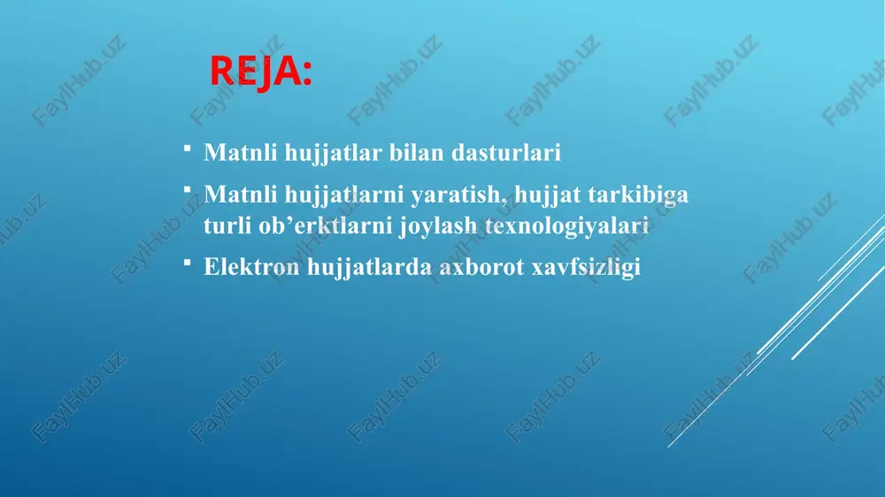 i saralash amallarini bajarish mumkin. 5 word matn muharririda ishlash bundan tashqari tayyor bichimlardan foyalanish, yangi bichimlarni yaratish, matn tarkibini izlash va almashtirish, hujjat tarkibidagi ob’ektlarni osonlik bilan belgilash mumkin. 6 word matn muharririda ishlash matnli hujjat tarkibiga sarlavha varog`i, jadval, rasm, avtofigura, smart sxemalar, turli diagrammalar, giperssilkalar, zakladkalar, izohlar, yuqorigi va pastki kolontitullar, varoq nomerlari, matnli maydonlar, joriy vaqt va sana, turli ob’ektlar, matematik formulalar, turli belgilarni kiritish va boshqalarni qo’yish mumkin. google dokumenti bilan ishlash google da matnli hujjat yaratish uchun ilovalar bo`limidan “dokumenti” ni tanlaymiz bu yerdan esa kerakli shablon yoki bo`sh hujjatni tanlaymiz. bunda “noviy dokument” yozuvi ustiga sichqon chap tugmasini bosib, unga nom berish mumkin odatda bo’sh hujjat tanlanadi. bu dasturda ham buyruqlar menyularda joylashgan ular word matn muharriri buyrulariga juda o`xshab ketadi. bu – on-line hujjat bu electron hujjatning o`ziga xos tomoni shundaki, u on-line tarzda yaratiladi, tahrirlanadi va ko`riladi. ushbu «nastroyka dostupa» tugmasi …