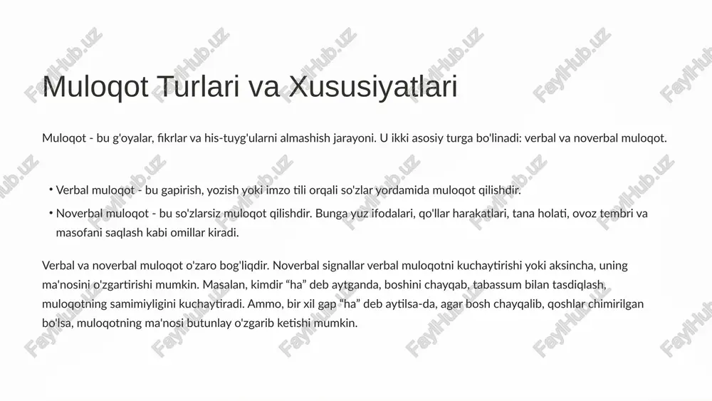 muloqot va gapirish orqali biz bir-birimiz bilan yaqinroq munosabatlarni rivojlantiramiz. ta'sir o'tkazishni ta'minlaydi. gapirish orqali biz boshqalarning fikrlarini o'zgartirishimiz, ularni ishga undashimiz yoki o'zimizning g'oyalarimizni targ'ib qilishimiz mumkin. shuning uchun, samarali verbal muloqot qobiliyatiga ega bo'lish har bir inson uchun muhimdir. 1.7.2013 3 ‹#› noverbal muloqotning roli noverbal muloqot, so'zlarsiz muloqot, verbal muloqotni to'ldiradi va uni chuqurlashtiradi. u bizning his-tuyg'ularimizni, fikrlarimizni va niyatlarimizni ifoda etishimizga yordam beradi. noverbal muloqot quyidagi rollarni o'ynaydi: tana tili - bu yuz ifodalari, qo'llar harakatlari va tana holati orqali his-tuyg'ularni ifoda qilishdir. masalan, tabassum quvonchni, qoshlarni chimirish esa g'azabni ifoda etadi. ovoz tembri va ohangi - bu so'zlarni aytish uslubi, ularning kuchliligi va balandligi orqali his-tuyg'ularni ifoda qiladi. masalan, baland ovozda gapirish g'azabni, yumshoq ovozda gapirish esa xotirjamlikni ifoda qilishi mumkin. masofani saqlash - bu boshqalar bilan qanday yaqinlikda turish yoki o'tirishni ifoda etadi. masalan, yaqinlikda turish do'stlikni, uzoqlikda turish esa befarqlikni ifoda qilishi mumkin. …