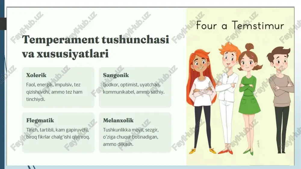 di. yumshog va tiniq namoyish etiladi. @ made with gamma fiziologik ko'rsatkichlar orgali temperament turlarini aniqlash xolerik yugori aktiv, tez qizish, tez chalg'ish sangonik yashil, sekin aktiv, yaxshi moslashuvchan flegmatik statik, passiv, kamharakat, kuchli chalg'ish melanxolik tezlik past, mushaklar tonusi past, tez charchash @ made with gamma temperament turlarining go'llanilish sohalari 1. kasbiy faoliyat 2 shaxsiy har bir temperament turi munosabatlar muayyan kasbiy yo'nalishlar temperament turlari oila va uchun mos keladi. do'stlik munosabatlarini yaxshilashda ahamiyatli. 3g «ta'lim va rivojlanish temperamentni hisobga olish o'quy jarayonini moslashtirishda yordam beradi. @ made with gamma temperament turlariga moslashish yo'llari mustagqil ishlash jamoaviy ishlash ematsional boshgarish xolerik va melanxolik sangonik va flegmatik hissiy boshgarish ko'nikmalarini temperamentlarga mustaqil faoliyat temperamentiar jamoaviy ishlashga rivojlantirish dolzarb masala. mos keladi. moyil. xulosa va tavsiyalar temperament temperament turlarini tushunchasi aniqlash temperament insonning xulq- nutq, xatti-harakat va atvori va hissiyotiy hissiyotlar orqali temperament xususiyatlarini aks ettiradi. turlarini aniglash mumkin. temperament turlari …