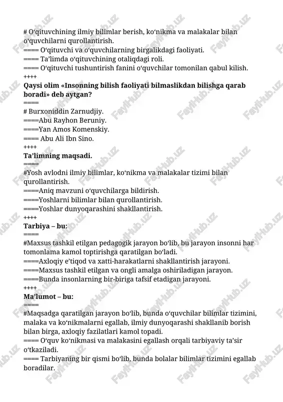 jarayoni. ====maxsus tashkil etilgan va ongli amalga oshiriladigan jarayon. ====bunda insonlarning bir-biriga tafsif etadigan jarayoni. ++++ ma’lumot – bu: ==== #maqsadga qaratilgan jarayon bo‘lib, bunda o‘quvchilar bilimlar tizimini, malaka va ko‘nikmalarni egallab, ilmiy dunyoqarashi shakllanib borish bilan birga, axloqiy fazilatlari kamol topadi. ==== o‘quv ko‘nikmasi va malakasini egallash orqali tarbiyaviy ta’sir o‘tkaziladi. ==== tarbiyaning bir qismi bo‘lib, bunda bolalar bilimlar tizimini egallab boradilar. ==== o‘quvchilar tomonidan ko‘nikma va malakalarni o‘zlashtirish jarayoni. ++++ «ta’lim degan so‘z xalqlar va shaharliklar o‘rtasida nazariy fazilatlarni birlashtirish, tarbiya esa shu xalqlar o‘rtasidagi tug‘ma fazilat va amaliy kasb-hunar fazilatlarini birlashtirish demakdir. ta’lim so‘z va o‘rgatish bilangina bo‘ladi. tarbiya esa amaliy ish, tajriba bilan, ya’ni shu xalq shu millatning amaliy malakalaridan iborat bo‘lgan ish harakat, kasb-hunarga berilgan bo‘lishni o‘rganishdir. ushbu ta’rifning muallifi kim? ==== # forobiy. ==== al- xorazmiy. ==== beruniy. ==== ibn sino. ++++ o‘rta osiyo mutafakkirlaridan qaysi alloma birinchi marta bolalarni jamoa bo‘lib, maktabda o‘qitishning …