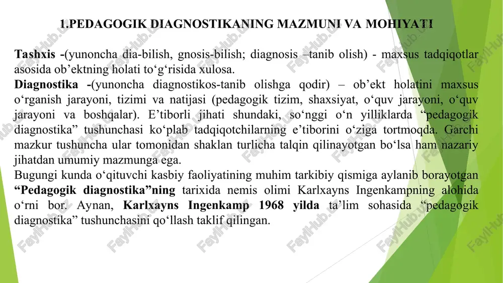 ing nazoratni baholashdagi faoliyat funksiyasi ortib boradi. beshinchidan, o‘qituvchi tomonidan an’anaviy qo‘llab kelinayotgan shakl, metod va vositalar diagnostika natijalari asosida qayta ko‘rib chiqilishiga imkon beradi. pedagogik diagnostikaning maqsadi har bir bolaning salohiyatini ro'yobga chiqarish uchun maqbul sharoitlarni ta'minlashdir pedagogik diagnostika funksiyalari: talabalarning tayyorgarlik darajasini aniqlash. ta’lim dasturini amalga oshirish darajasini aniqlash. har bir talabaning rivojlanish dinamikasini kuzatish. o‘quv jarayonini maqsadga muvofiq tashkil etish. shaxsiy ta’lim yo‘nalishini tanlash. o‘qituvchi faoliyatida namoyon bo‘luvchi pedagogik diagnostikaning asosiy funksiyalari: tezkari (qaytar) aloqa yoki axborot bilan ta’minlanganlik; bashoratlash; nazorat-tuzatish; baholash. pedagogik diagnostikaning asosiy usullari. o'qituvchining muhim kasbiy sifati bolaning shaxsiy o'sishi uchun turli xil diagnostika usullaridan mohirona foydalanishdir. ushbu usullar to‘g‘ridan-to‘g‘ri va bilvosita bo‘lishi mumkin: to‘g‘ridan-to‘g‘ri usullar talabalarni so‘rovnoma, individual suhbat, testlar va boshqalar orqali so‘roq qilishni o‘z ichiga oladi; bilvosita usullar kuzatishni o‘z ichiga oladi. pedagogik diagnostikaning asosiy usullarini ko‘rib chiqamiz: so‘rovnoma. anketa pedagogik diagnostika usuli sifatida keng qo‘llaniladi o‘quv jarayoni natijalarini o‘rganish va …