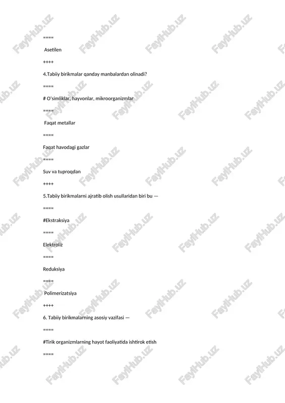 , arxitektura, dizayn ++++ 11. uglevodlar tarkibida quyidagi elementlar mavjud: ==== #c, h, o ==== n, o, cl ==== fe, h, o ==== na, c, ca ++++ 12. monosaxaridlar — bu: ==== #eng oddiy uglevodlar ==== polimer uglevodlar ==== glikozidlar sinfi ==== suvda erimaydigan moddalar ++++ 13. quyidagilardan qaysi biri monosaxarid hisoblanadi? ==== #glyukoza ==== saxaroza ==== kraxmal ==== glikogen ++++ 14. disaxaridga misol bo‘la oladi: ==== #saxaroza ==== glikogen ==== sellyuloza ==== ribuloza ++++ 15. polisaxarid bu — ==== #ko‘p monosaxarid qoldiqlaridan tashkil topgan uglevod ==== yagona halqali uglevod turi ==== faqat hayvonlarda uchraydigan modda ==== havoda uchuvchan modda ++++ 16. kraxmal asosan qayerda uchraydi? ==== #o‘simliklarda ==== hayvon organizmida ==== mineral tarkibida ==== havo tarkibida ++++ 17. glikogen — bu: ==== #hayvonlar polisaxaridi ==== o‘simlik hujayra devori komponenti ==== disaxarid ==== efir moyi ++++ 18. uglevodlar organizmda qanday vazifani bajaradi? ==== #energiya manbai bo‘lib xizmat qiladi ==== genetik …