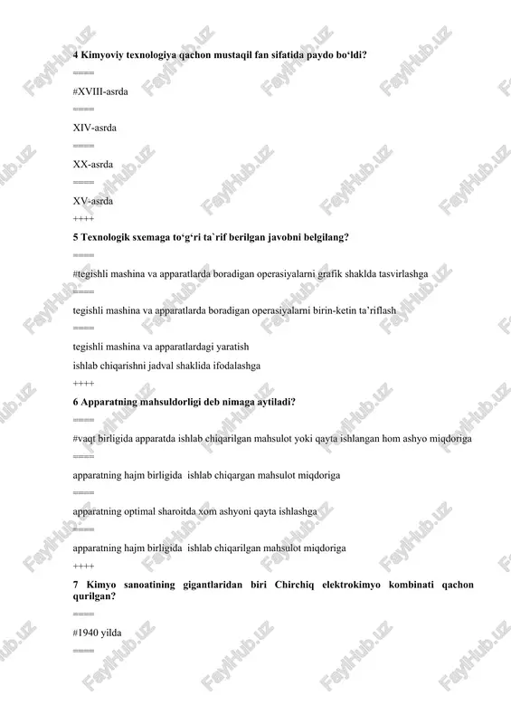 apparatning optimal sharoitda xom ashyoni qayta ishlashga ==== apparatning hajm birligida ishlab chiqarilgan mahsulot miqdoriga ++++ 7 kimyo sanoatining gigantlaridan biri chirchiq elektrokimyo kombinati qachon qurilgan? ==== #1940 yilda ==== 1935 yilda ==== 1938 yilda ==== 1930 yilda ++++ 8 navoiy sement zavodi qachon qurilgan? ==== #1978 yilda ==== 1974 yilda ==== 1972 yilda ==== 1976 yilda ++++ 9 respublikamizda sun’iy charm qayerda ishlab chiqariladi? ==== #toshkent va fargonada polivinilxloriid asosida ==== fargonada polietilen asosida ==== andijonda polipropilen asosida ==== toshkentda polistirol asosida ++++ 10 respublikamizda nechta o‘git zavodi bor? ==== #7 ta ==== 6 ta ==== 3 ta ==== 5 ta ++++ 11 kimyoviy jarayonlarni avtomatlashtirish qanday asboblardan foydalanib bajariladi? ==== #o‘lchagich, to‘g‘rilagich va ijrochi mexanizm asboblaridan ==== o‘lchagich, regulyator va t o‘g‘rilagich asboblaridan ==== o‘lchagich, datchik, t o‘g‘rilagich asboblaridan ==== o‘lchagich, termopacha, kompressor asboblaridan ++++ 12 quvasoy sement va ohak zavodlari qachon qurilgan? ==== #1932 yilda ==== 1918 …