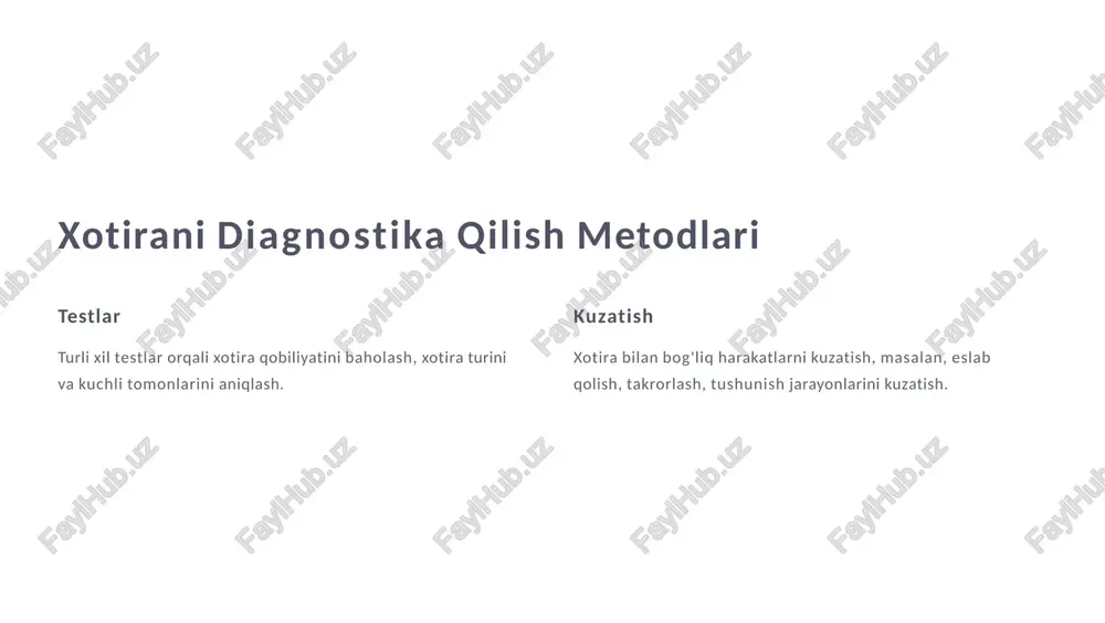 hun individual reja tuzish. 4 mashqlar xotirani rivojlantirishga qaratilgan mashqlarni muntazam bajarish. 5 natijalarni baholash rivojlanish natijalarini baholash va rejani moslashtirish. xotira tizimining taraqqiyoti 1 bolalik bolalik davrida xotira rivojlanishi tezroq bo'ladi va yangi ma'lumotlarni osonroq eslab qolish mumkin. 2 yoshlik yoshlik davrida xotira qobiliyati cho'qqisiga chiqadi va yangi ma'lumotlarni eslab qolish osonroq bo'ladi. 3 yetuklik yetuklik davrida xotira qobiliyati asta-sekin pasayadi, ammo yangi ma'lumotlarni eslab qolish mumkin, ammo ko'proq vaqt va kuch talab etiladi. xotira tizimini tahlil qilish 1 kuzatish xotira bilan bog'liq muammolarni kuzatish va ularni tahlil qilish. 2 diagnostika xotira qobiliyatini aniqlash uchun testlar va qo'llanmalarni o'tkazish. 3 sabablar xotira bilan bog'liq muammolarni keltirib chiqargan sabablarni aniqlash. etiboringiz uchun raxmat image1.jpg image2.jpg image3.png image4.png image5.png image6.jpg image7.png image8.png image9.png image10.png image11.png image12.png image13.png image14.jpg image15.png image16.png image17.png image18.png image19.png image20.png image21.png image22.png image23.png image24.png image25.png image26.jpg fanitty v est spaeberet fiche the ware of 1 idan tne …
