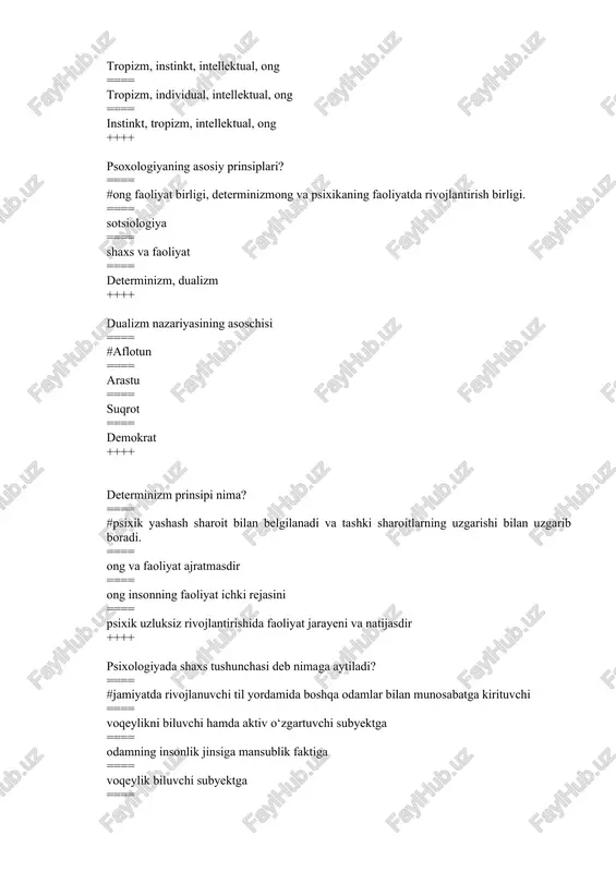 yektga ==== konkret odam ++++ shaxs shakllanishini ijtimoiy omillar bilan bog‘lab tushuntiruvchi nazariyani aniqlang? ==== #biogenetik nazariya ==== psixogenetik nazariya ==== voqeylik biluvchi subyektga ++++ shaxsning o’ziga nisbatan munosabatlarni ifodalovchi xarakter xususiyatlari keltirilgan javobni toping ==== #mag’rurlik, takabburlik, shuhratparastlik. ==== mag’rurlik, yaxshilik, ozodalik ==== mag’rurlik, takabburlik, mehnatkashlik ==== mag’rurlik, kamtarinlik, hasad ++++ shaxsning individualligi deganda nimani tushunasiz? ==== #shaxsning takrorlanmas psixik xususiyatlari yig‘indisi ==== shaxsning aktivligini ==== shaxsning yo‘nalishlari ==== dunyoqarash va qiziqishlarini ++++ shaxs psixologik xususiyatlarining o’zaro bog’liq tizimi bu ==== #simptomokomplekslar deyiladi. ==== komplekslar deyiladi. ==== sindromlar deyiladi. ==== simptosindromlar deyiladi. ++++ shaxs taraqqiyotining yetakchi kuchi nima? ==== #ehtiyojlarning qarama-qarshiligi va ularni qondirishning real imkoniyatlarining borligi ==== individual holat ==== instiktiv harakatlar ==== nerv sistemasi qonuniyatlari ++++ shaxsning irodaviy sifatlarini aniqlang? ==== #jiddiy intiluvchanlik ==== saxiylik ==== o‘z-o‘zini tanqid ==== mehnatsevarlik ++++ individ deganda niamni tushunasiz? ==== #odamning insonlik jinsiga mansublik faktiga. ==== xayot uchun yo‘l tanlash, bu …