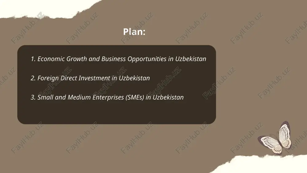 (smes) in uzbekistan play a crucial role in the country's economy, accounting for about 55% of gdp and 78% of employment. the government has implemented several initiatives to support the growth of smes, including financial assistance programs and favorable tax conditions. as of 2022, there were approximately 387,000 registered smes across uzbekistan. these enterprises primarily operate in sectors like agriculture, manufacturing, and services. the uzbekistan strategy on sme development aims to boost this sector further by enhancing digitalization and access to financing. moreover, the export promotion agency supports smes to expand into international markets, contributing to 28% of the nation's exports. ... t.me/slaydai_bot 4. the role of government policy in uzbekistan's business environment uzbekistan's government plays a crucial role in shaping the business environment through various policies. since president shavkat mirziyoyev's leadership began in 2016, numerous reforms have been implemented to attract foreign investment. the government reduced corporate tax rates …