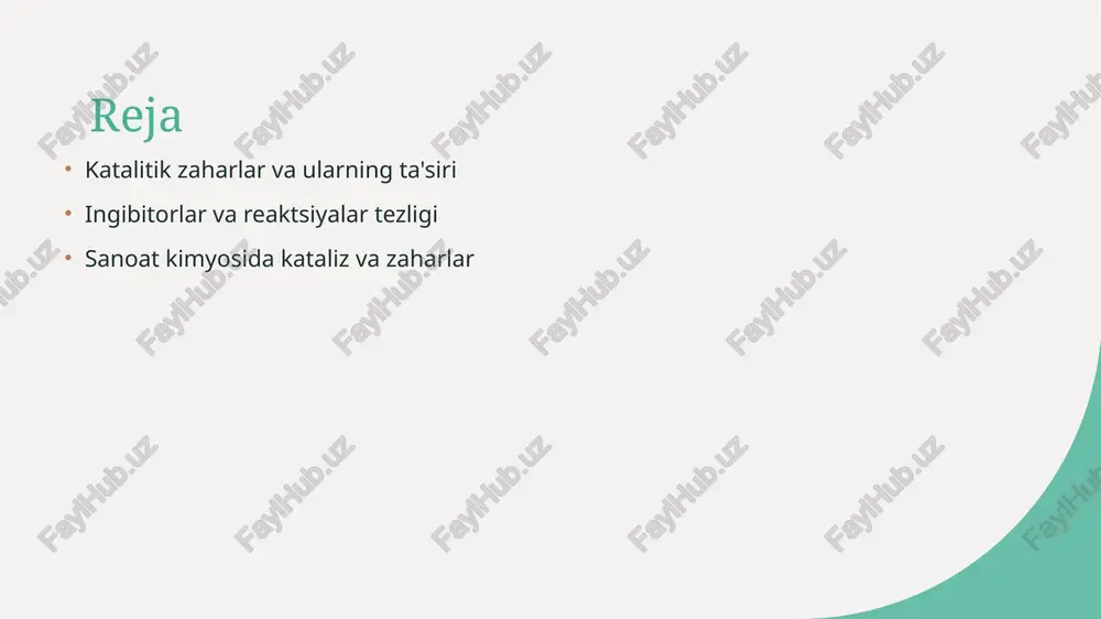 satadi. masalan, qattiq zarrachalar (chang, koks) katalizator yuzasini qoplab, uning faol markazlarini yopadi. metallarga asoslangan katalitik zaharlar ba'zi metallarga asoslangan moddalarning katalitik ta'siri organizm uchun zararli bo‘lishi mumkin. bu metallar kimyoviy reaktsiyalarni tezlashtirib, biologik jarayonlarga salbiy ta'sir ko‘rsatadi nickel (ni): organizmda nafas olish va metabolizm jarayonlarini buzishi mumkin. kobalt (co): gemoglobinning normal hosil bo'lish jarayoniga ta'sir qiladi. yulduz moddalari: o‘zgartiruvchi ta'sirlar va bu moddalarning bioaktivliklari organizmda to‘siqlarni keltirib chiqaradi. organik katalitik zaharlar organik moddalar katalitik ta'sir qilib, organizmdagi fermentlar va boshqa biologik reaksiya yo‘llarini blokirovka qiladi. misollar: organik fosfatlar va ularning hosilalari. asetilkolinesteraza kabi fermentlarning faoliyatini ingibisiya qilish orqali zararli ta'sir qiladi. katalitik zaharlar: ta'sir mexanizmlari va ularning xususiyatlari. 1 katalitik zaharlar turlari katalitik zaharlar turli xil kimyoviy moddalar bo'lib, ular faoliyatini pasaytiradi. masalan, sulfur, arsenik va fosfor kabilar keng tarqalgan zaharlardir. 2 ta'sir mexanizmlari katalitik zaharlar, katalizatorning faol joylariga bog'lanib, uning kimyoviy reaktsiyalardagi rolini o'zgartiradi. bu, jarayon tezligini sekinlashtiradi. …