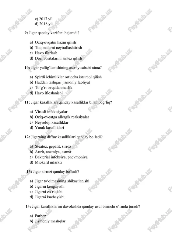 chimliklar ortiqcha iste'mol qilish b) haddan tashqari jismoniy faoliyat c) to‘g‘ri ovqatlanmaslik d) havo ifloslanishi 11: jigar kasalliklari qanday kasalliklar bilan bog‘liq? a) virusli infektsiyalar b) oziq-ovqatga allergik reaksiyalar c) neyroloji kasalliklar d) yurak kasalliklari 12: jigarning diffuz kasalliklari qanday bo‘ladi? a) steatoz, gepatit, sirroz b) artrit, anemiya, astma c) bakterial infeksiya, pnevmoniya d) miokard infarkti 13: jigar sirrozi qanday bo‘ladi? a) jigar to‘qimasining shikastlanishi b) jigarni kengayishi c) jigarni zo‘riqishi d) jigarni kuchayishi 14: jigar kasalliklarini davolashda qanday usul birinchi o‘rinda turadi? a) parhez b) jismoniy mashqlar c) dori-darmonlar d) xalq tabobati 15: jigarni tiklash uchun qanday oziq-ovqat tavsiya etiladi? a) yog‘li ovqatlar b) spirtli ichimliklar c) o‘simliklar va mevalar d) tuxum va qatiq 16: jigarni davolashda nimalardan saqlanish kerak? a) ko‘p suv ichish b) ko‘p meva va sabzavotlar iste'mol qilish c) spirtli ichimliklardan saqlanish d) har kuni jismoniy mashqlar qilish 17: jigar kasalliklarini davolashda eng samarali dori vositalari …