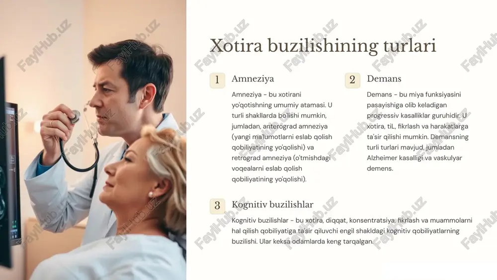 shikastlanishi yoki kasalliklarini aniqlashga yordam beradi. 3 meyli testi tavsif meyli testi - bu xotirani baholash uchun keng qo'llaniladigan psixologik test. u og'zaki va vizual xotirani baholash uchun mo'ljallangan. testda bemorga turli so'zlar va rasmni eslab qolish va keyinchalik qayta takrorlash vazifasi beriladi. qo'llash meyli testi keksa odamlarning xotira buzilishini aniqlashda, shuningdek, travma yoki kasallikdan keyin xotira funksiyasini baholashda ishlatilishi mumkin. natijalar test natijalari bemorning og'zaki va vizual xotira qobiliyatining darajasini ko'rsatadi. past natijalar xotira buzilishining belgisini bildirishi mumkin. 4 benton testi vazifa benton testi vizuospatial xotirani baholash uchun ishlatiladi. testda bemorga turli geometrik shakllar ko'rsatiladi va ularni keyinchalik eslab qolish va qog'ozga chizish vazifasi beriladi. natijalar test natijalari bemorning vizuospatial xotira qobiliyatining darajasini ko'rsatadi. chizmalarning aniqligi va to'g'riligi baholanadi. qo'llash benton testi travma yoki kasallikdan keyin vizuospatial qobiliyatni baholashda, shuningdek, miyaning o'ng yarim sharining shikastlanishini aniqlashda ishlatilishi mumkin. 5 mnemotexnika xotirani yaxshilash mnemotexnika - bu ma'lumotni eslab qolishni osonlashtirish …
