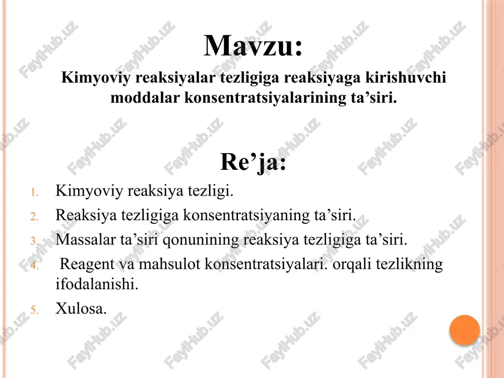 iya dc/dt mahsulotlari konsentratsiyasining o‘zgarishi o‘lchanganda esa musbat ishorasi qo‘yiladi. shunday qilib: v=+/- dc/dt bo’ladi. reaksiyalarning tezligi kuzatilgan tezlik (v) ning qiymati bilan emas. balki tezlik konstantasi (k) ning qiymati bilan solishtiriladi. tezlik konstantasining qiymati reaksiyaga. temperaturaga va katalizatorlarga bog’liq bo’lib, reaksiyaga kirishuvchi moddalarning konsentratsiyasiga (parsial bosimiga) bog’liq bo’lmaydi. barcha reaksiyalar ikki sinfga gomogen va geterogen reaksiyalarga bo’linadi. agar reaksiya birgina fazada (gaz muhitda yoki eritmada) sodir bo’lsa uni gomogen reaksiya deyiladi. agar reaksiya bir necha fazada borsa (masalan, gazlar bilan qattiq jismlar yoki suyuqliklar reaksiyaga kirishsa) bunga geterogen reaksiya deyiladi. shuningdek reaksiyalar ikki gruppaga bo’linadi: qaytmas reaksiyalaroxirigacha boruvchi reaksiyalar. qaytar reaksiyalar - oxirigacha bormaydigan ma’lum kimyoviy muvozanat holatiga qadar boradigan reaksiyalar. agar reaksiyaga kirishuvchi moddalar kontsentratsiyasi oshirilsa, birgalikda harakatlanuvchi reaktiv zarrachalar ko'proq bo'ladi. ko'proq to'qnashuvlar bo'ladi va shuning uchun reaktsiya tezligi ortadi. reaktivlarning kontsentratsiyasi qanchalik yuqori bo'lsa, reaktsiya tezligi shunchalik tez bo'ladi. qaytmas reaksiyalarning asosiy belgisi, reaksiya vaqtida ishtirok …