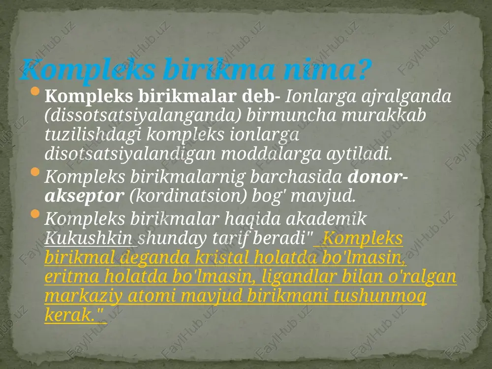 oordinatsion nuqtalar soniga aytiladi. ligandlar dentatligiga ko‘ra quyidagilarga bo‘linadi. bir dentatli ligandlar — markaziy atom atrofida bitta koordinatsion nuqtani (joyni) egallaydi. masalan:k3 [vf6 ];k2[vof5] ligandlarning kordinatsion sig'imi fazoviy tuzilishi ikki dentatli ligandlar — markaziy atom atrofidagi ikkita koordinatsion nuqtani (joyni) egallaydi. masalan:metall ionlari etilendiamin bilan 5 a’zoli, 1,3— propilendiamin bilan esa 6 a’zoli metallxelatlari fazoviy korinishi uch va ko‘p dentatli ligandlar — markaziy atom atrofida uchta va undan ko‘p koordinatsion nuqtalarni (joylarni) egallaydi. masalan: ligandlarga dietilenuchaminni h2nch2ch2nhch2ch2nh2 ko'p dentatliga esa -etil e n d i a m i n d i a t s e t a t - hoocch2nhch2ch2 n h c h2cooh fazoviy tuzilishi kompleks birikmalar nazariy va amaliy kimyo xalkaro ittifoqining (iupac) nomenklatura qo‘mitasi tavsiyasiga ko‘ra nomlanadi. bu tavsiyanoma asosini quyidagilar tashkil etadi: [1]kompleks birikmalarni nomlashda quyidagi tartibga rioya qilish kerak: ligandlar soni ligandlar nomi markaziy atom nomi markaziy atom oksidlanish darajasi(rim raqamida) tashqi sfera ioni nomi …