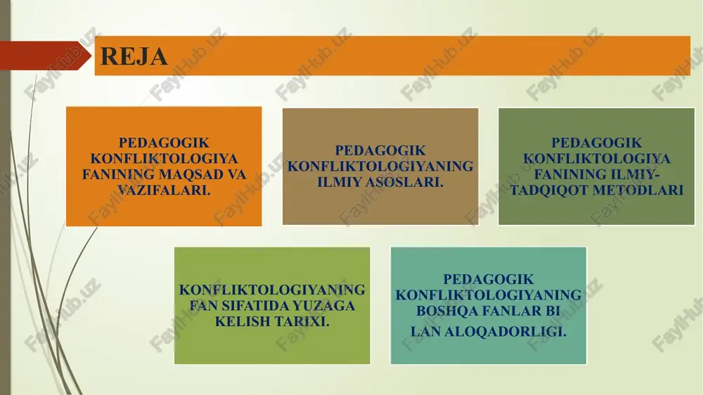 tologiya fanining predmeti – konfliktlarning yuzaga kelishi, rivojlanishi va tugallanishiga doir umumiy qonuniyatlardir. konfliktning o‘zaro ta’sir sub’ekti – alohida odam, yoki odamlar va odamlar guruhi. konflikt - o‘zaro qarama-qarshi bo‘lgan ziddiyatli manfaatlar va munosabatlarning ochiq to‘qnashuvidir. konfliktning yechimini topish – konfliktli vaziyatni yo‘qotish hamda u yuzaga keltirgan munosabatlarni to‘g‘ri yo‘lga solish bilimlari va ko‘nikmalari majmuidan iboratdir. konfliktologiya ilmiy bilimlarning sohasi sifatida. hayot konfliktlarga tola. insonning jamiyatdagi yashash tarzini turli ziddiyatlarsiz tasavvur etib bolmaydi. turli nizo va ziddiyatlar bilan umr davomida, har qanday yoshda, har joyda, har qanday vaziyatda toqnash kelish mumkin. konfliktlar uyda, maktabda, kochada, oquvchilar orasida, ota- onalar va farzandlar, xodim va uning rahbariyati orasida, jamoa azolari ortasida sodir bolishi mumkin.. konfliktlar bazan qoqqisdan, hech kutilmagan holda vujudga kelishi hamda inson hayot tarzini tubdan ozgartirib yuborishi mumkin. konflikt har bir inson hayotining ajralmas qismi bolib, hech bir inson konfliktlardan ozini kafolatlanganman deb ishonch bilan ayta olmaydi. ulgayganimiz sari konfliktli …