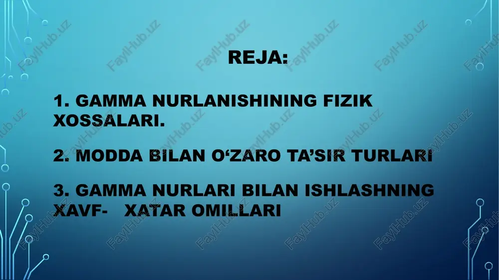 giyasini o‘zgartiradi. 3. juftlik hosil bo‘lishi — juda yuqori energiyali gamma nuri elektron va pozitron juftini hosil qiladi (energiya massaga aylanadi). gamma nuri atom bilan to‘qnashganda, o‘z energiyasini atomdagi biror elektron (odatda ichki qavatdagi)ga uzatadi va uni atomdan chiqarib yuboradi. γ + atom → e⁻ + ionlangan atom bunda gamma nuri yo‘qoladi, elektron (fotoelektron) chiqariladi. past energiyali gamma nurlari (odatda < 0.5 mev) uchun muhim. yuqori atom raqamiga (z) ega moddada kuchliroq ro‘y beradi (masalan: qo‘rg‘oshin, oltin). fotoeffekt ionlashtiruvchi nurlanishni boshlovchi asosiy bosqichlardan biridir. kompton sochilishi gamma nuri moddadagi bo‘sh (yoki zaif bog‘langan) elektron bilan to‘qnashadi. to‘qnashuv natijasida gamma nuri yo‘nalishini o‘zgartiradi va bir qismini elektronga uzatadi. γ + e⁻ → γ’ + e⁻ (sochilgan foton + elektron) o‘rta energiyali gamma nurlar (0.5 – 5 mev) uchun asosiy ta’sir turi. gamma nuri energiyasining bir qismini elektron oladi, qolgan qismi yo‘nalishini o‘zgartirgan gamma foton sifatida chiqadi. bu jarayon nurlanishning tarqalishiga olib …