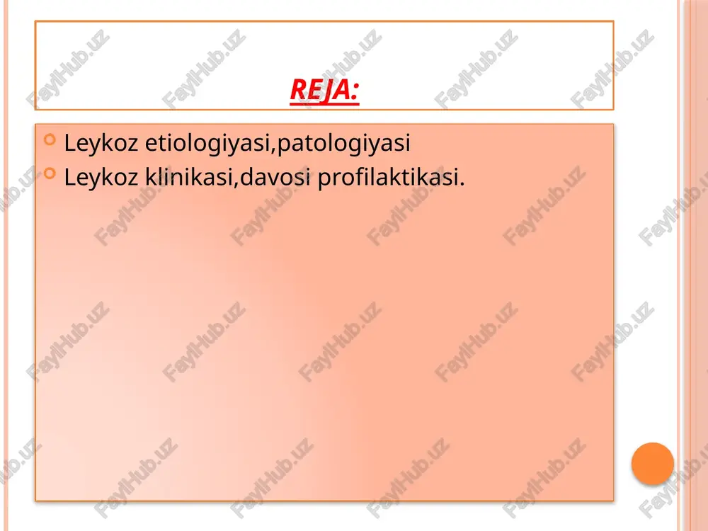 a surunkali leykoz zoʻriqqanda bemor kasalxonada davolanadi. rentgenoterapiya, quvvatga kiritadigan, kamqonlikka qarshi dorilar buyuriladi, qon quyiladi. leykoz. hayvonlarda ham qon hujayralarining yetilish jarayoni buzilishi (anaplaziya) bilan kechadi. leykoz bilan qoramol, qoʻy, echki, ot, choʻchqa, it, mushuk, parranda kasallanadi. hayvonlardan koʻproq sigirlarda, parrandalardan tovuklarda uchraydi. kasallikka radioaktiv nurlar, kimyoviy omillar, genetik buzilishlar, gormonlar balansining buzilishi va viruslar sabab boʻlishi mumkin. kasallik hayvon sogʻligʻiga koʻrinarli zarar yetkazmasdan oylab va yillab davom etadi. leykoz. leykoz. koʻpchilik hollarda bitta yoki bir qancha limfa tugunlari, taloq kattalashadi, shuningdek, ovqat hazm qilish buziladi, holsizlanish, oriqlash, sigirlarda sutining kamayishi va shishlar paydo boʻladi. parrandalarda, koʻpincha, 4 oylikdan katta tovuqlar, baʼzan kurka, oʻrdak, gʻoz va boshqa kasallanadi. qishloq xoʻjaligiga qoramollarda uchraydigan enzootik leykoz (limfoleykoz) va retraviridae oilasiga mansub viruslar qoʻzgʻatadigan turli leykoz shakllari katta iqtisodiy zarar yetkazadi. klinikasi. farqi. klinik belgisi va oldini olish. tashhis klinik belgilarga va lab.da qon analizlariga qarab qoʻyiladi. oldini olish: sogʻlom xoʻjaliklarda bu …