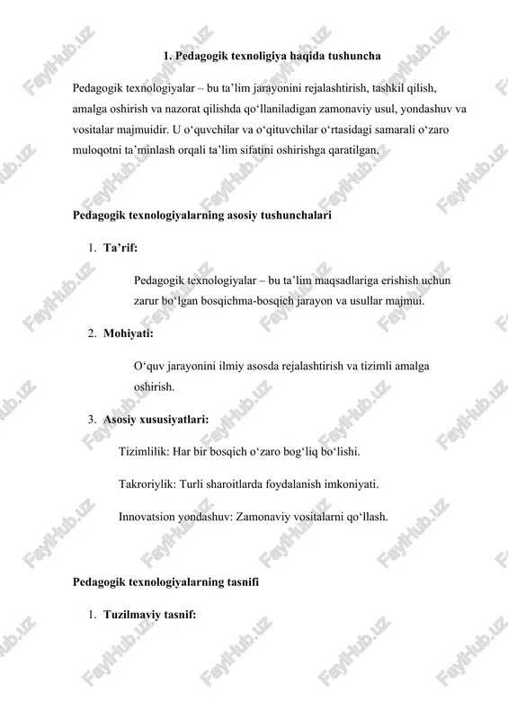 qliy hujum, rolli o‘yinlar. "case-study" (amaliy vaziyatlarni tahlil qilish). afzalliklari: o‘quvchilarni jarayonga faol jalb qilish. jamoaviy muloqotni rivojlantirish. 3. hamkorlikda o‘qitish (collaborative learning) guruh bo‘lib ishlash orqali bilimlarni o‘zlashtirish. jamoaviy muammolarni hal qilish. 4. modulli o‘qitish texnologiyasi tushunchasi: o‘quv materiallarini alohida modullarga bo‘lish va mustaqil o‘rganish imkonini berish. afzalliklari: har bir modulni o‘zlashtirishni nazorat qilish oson. 5. blended learning (aralash ta’lim) masofaviy va an’anaviy ta’limning uyg‘unlashuvi. o‘quvchilarni erkin va mustaqil o‘qishga undaydi. pedagogik texnologiyalarning afzalliklari 1. ta’lim jarayonini optimallashtiradi: vaqtni samarali boshqarish imkonini beradi. 2. motivatsiyani oshiradi: zamonaviy vositalar orqali o‘quvchilarning qiziqishini uyg‘otadi. 3. individuallashtirish: har bir o‘quvchining ehtiyojiga mos ta’limni tashkil etish imkonini beradi. kamchiliklari texnologiyalarga bog‘liqlik tufayli texnik vositalar yetishmasligi muammolari. o‘qituvchilardan yuqori malaka va o‘z ustida ishlashni talab qiladi. pedagogik texnologiyalarni joriy etish bosqichlari 1. tahlil va rejalashtirish: o‘quv jarayoniga mos texnologiyalarni aniqlash. 2. tatbiq etish: o‘quv materiallari va darsliklarni texnologiyalarga moslashtirish. 3. monitoring: texnologiyalarning samaradorligini baholash …