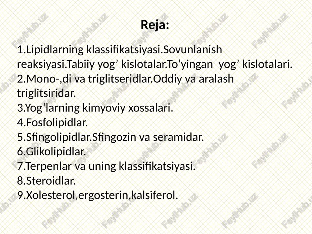 no cooh n on on 24 23 22 21 20 gormonlar va steroidlarning tibbiyotdagi ahamiyati e’tiboringiz uchun rahmat!!! image1.png image2.png image3.png image4.png image5.png image6.png image7.png image8.png image9.png image10.png image11.png image12.png image13.png image14.png image15.png image16.png image17.png image18.png image19.png image20.png image21.png image22.png image23.png image24.png image25.png image26.png image27.png image28.png image29.png image30.png image31.png image32.png image33.jpeg ‘oddiy sovunlanadigan lipidiar murakkab sovunlanadigan lipidiar lipidiarning sinflanishi ularni gidrolizda.qatnashish munosa- batiga asoslangan va ularning gidrolizga uchraydigan sinfi — sovun- lanadigan, gidrolizda qatnashmaydigani —sovunlanmaydigan lipid- lar deb nomlanadi, cosyh1anybun (éfiap, mohjiap, mymj1ap, doco asap, cpuhtoimnm aap) cosyhjahmmannran (tepliehap, crepousiap) ¢ tlanbmurun (c,,<h,,; cooh) uti ° creapnu (c,,h,,cooh) kucnotanap e¢ oneuh (c,,h,;,cooh) wu eien e jinhon (c,,h,,;cooh) e jimhoneh (c,,h,,cooh) e apaxuou (c,,h,,cooh) kucnotanap o ch,(ch,),,-c — oh +hoch,(ch,)y5 ch, haubmuthh kucota = murpnuni ciupr o ch,(ch,),,— c - och,(ch,),5 ch, ch,0 - co-c,,h,, cho - co - c,,h3, ch,0 - co-c,,h,, ch,0 - co-c,,h,3 cho -co-c,,h3, tpucteapun 1-oneo-2-nanbmuto-ctteapuh mypakka0 …
