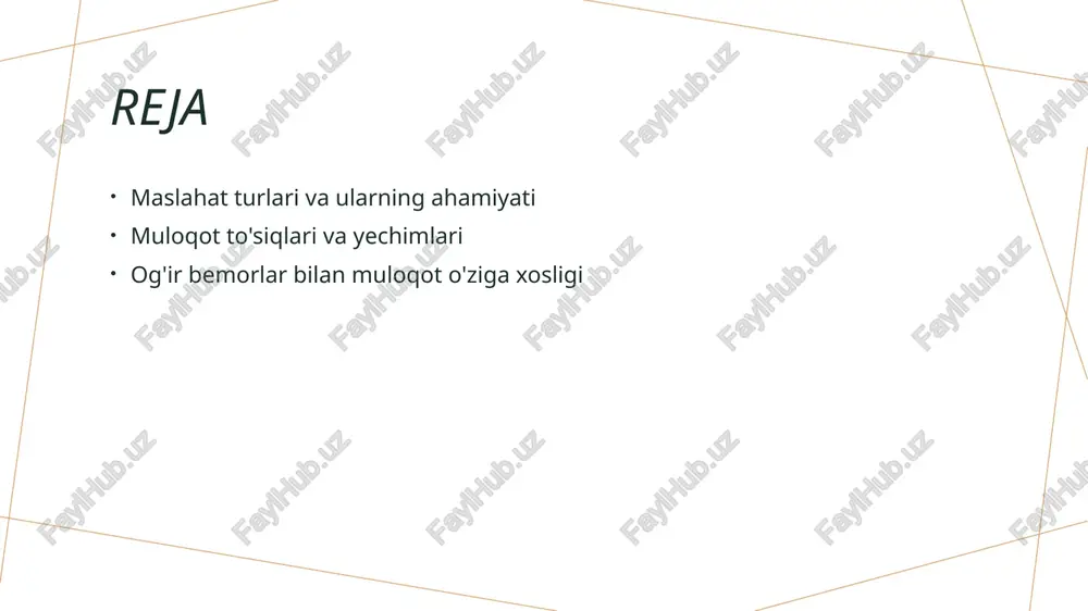 ikmalari, bemorlar bilan samarali muloqot o'rnatish uchun zarur. bu ko'nikmalar, ishonch va empatiya asosida quriladi. to'g'ri maslahat berish, bemorlarning ruhiy holatiga ijobiy ta'sir ko'rsatadi. bu, stressni kamaytiradi va ularni qo'llab-quvvatlashga yordam beradi. muloqot strategiyalari, bemorlar bilan aloqani yaxshilashda muhimdir. yaxshi strategiyalar, to'siqlarni yengib o'tishda va hissiy bog'lanishni kuchaytirishda yordam beradi. muloqot to'siqlarining sabablari va ularning bemorlar ruhiyatiga ta'siri. muloqot to'siqlari muloqot to'siqlari bemorlar va shifokorlar o'rtasida samarali aloqani to'suvchi omillardir, masalan, til, madaniyat yoki hissiy holat. ruhiy ta'sir muloqot to'siqlari bemorlarning ruhiy holatiga salbiy ta'sir ko'rsatishi mumkin, bu esa stress, izolyatsiya va noqulaylikni kuchaytiradi. to'siqlarni bartaraf etish muloqot to'siqlarini bartaraf etish uchun shifokorlar bemorlarning hissiy ehtiyojlarini tushunishlari va madaniy farqlarni inobatga olishlari zarur. muloqot to'siqlarini bartaraf etish uchun samarali strategiyalar. 1 muloqot strategiyalari - muloqotni samarali tashkil etish uchun kommunikatsiya strategiyalarini belgilash muhimdir. bunda ochiq va samimiy muloqot asosiy rol o'ynaydi. 2 madaniy tushuncha - bemorlarning madaniy kontekstini tushunish muhimdir. …