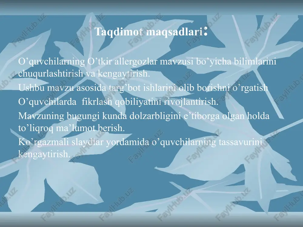 otonik natri xlorid eritmasi m/o 2%-2ml suprastin m/o 1%-1ml dimedrol m/o 30-40mg prednizalon m/o sabablari: talaygina dori preparatlari, oziq-ovqat maxsulotlari, bakteriyalar, zamburug’lar, ultrabinafsha nur va boshqalar. kvinke shishi klinikasi: dastlab jarangdor yo’tal, ovoz bo’g’iqligi, nafas olish va chiqarishning qiyinlashuvi, hansirash paydo bo’ladi. keyin stridor nafas olish yuzaga keladi. obyektiv tekshiruv: bemor bezovta, ko’kargan, o’lin havfi bor. qulay holat izlaydi. labi, qovog’i, ko’z oqi qizarib shishib ketadi. o’z vaqtida yordam ko’rsatmasa, bemor o’lib qolishi mumkun. davosi: 1.tinch sharoit yaratish, bemor o’rin ko’rpa qilib yotqizish. 2.kislorod namlab berish. 3. 100.000 tb pensilin 2-3 ml izotonik nacl eritmasi m/o. 4. 2%-2ml suprastin m/o. 5. 1%-1ml dimedrol m/o. 6. 2,5%-2ml pinolfen m/o. 7. 1%-0,5 ml adrenalin t/o. 8. 30-40mg. prednizalon m/o. 9. 0,25g. askorbin kislota kuniga 3 mahal ichishga beriladi. utkir allergozlar 17 anafilaktik shok sabablari deyarli barcha dori vositalar, vaksina va zardoblar oziq-ovqat mahsulotlar, asalari sariq ari va qovoq ari chaqqanda tushadigan zaxarli …
