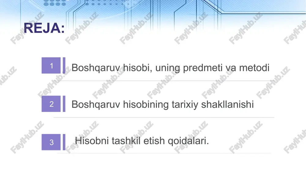 rcha elementlaridan foydalaniladi. bundan tashqari, unda iqtisodiy tahlil, iqtisodiy-matematik va statistik usullar ham keng qo‘llaniladi. 6 1 3 2 4 ta‘minot-tayyorlov faoliyati moliya-tijorat faoliyati ishlab chiqarish faoliyati tashkiliy faoliyat korxonalarda boshqaruv hisobi quyidagi faoliyat turlari bo‘yicha yuritiladi 7 2. boshqaruv hisobining tarixiy shakllanishi respublikamizda boshqaruv hisobini alohida fan sifatida rivojlantirish yo‘nalishlarini belgilash uning tarixiy shakllanish jarayonini o‘rganish zaruratini yuzaga keltiradi. 8 iqtsodiyotni modernizatsiyalash sharoitida buxgalteriya hisobini xalqaro hisob tizimi asosida takomillashtirish, jumladan axborotlarni o‘z vaqtida foydalanuvchilarga etkazish, tijorat sirini saqlanishini ta‘minlash, korxona buxgalteriyasini ikki mustaqil qism: moliyaviy va kalkulyatsiya hisobiga bo‘linishini shart qilib qo‘ydi. bu tarzda buxgalteriyaning mustaqil qismlarga bo‘linishi moliyaviy hisobni markazlashtirish va kalkulyatsiya hisobini esa nomarkazlashtirishga sabab bo‘ldi. natijada, kalkulyatsiya hisobi o‘z vazifalariga ega bo‘la boshladi va boshqaruv jarayonini tezkor tahliliy axborot bilan ta‘minlash, korxona bo‘linmalari xarajatlari va daromadlarini nazorat qilish imkoniyatini yaratdi. 9 ikkiyoqlama yozuvning paydo bolishi kalkulatsiya hisobining rivojlanishini yanada yuqoriroq pog’onaga ko’tardi. korxonaning umumiy buxgalteriyasi …