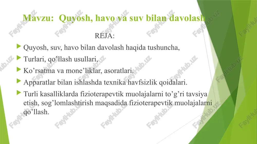 na, yuqori nafas yoʻllari katari kabi kasalliklarni oldini olishda foydalaniladi. ayrim kasalliklarning oʻtkir davri, oʻpka va meʼ-da-ichak kasalliklarida quyosh vannasi tavsiya etilmaydi. suv bilan davolash, gidroterapiya suv bilan davolashd teridagi nerv oxirlari (retseptorlar)ga suvning tra, mexanik va kimyoviy omillari taʼsir koʻrsatadi. bu taʼsirotlar reflektor ravishda markaziy nerv sistemasi orkali organizmning barcha aʼzolari va sistemalarida javob reaksiyasini paydo qiladi. muolaja uchun sovuq suv (20° gacha), salqin, yaʼni indifferent suv (20—33°), iliq (37—39°) va issiq suv (40—42°) ishlatilishi mumkin. teriga sovuq va salqin suv bilan taʼsir qilinganda undagi mayda tomirlar siqiladi, issiqlik yoʻqolishi kamayadi. teri tomirlarining torayishi qon oqishiga qarshilikni kuchaytiradi, bu esa yurak qisqarishlarini tezlashtiradi va zoʻraytiradi, qon bosimi bir oz oshadi. sovuq suv nerv sistemasiga qoʻzgʻatuvchi taʼsir koʻrsatadi glossariy (tayanch so’z iboralari) gelioterapiya-quyosh bilan davolash gidroterapiya-suv bilan davolash aeroterapiya-havo biln davolash foydalanilgan adabiyotlar 1.k.e ulho’jayeva, b.t xudoyberganova “fizioterapiya va tibbiy reablitatsiya. 2.hamshiralik ishi asoslari k.u.zokirova 3.bemorlarni uyda vashifoxonada parvarish qilishf.g.nazirov …