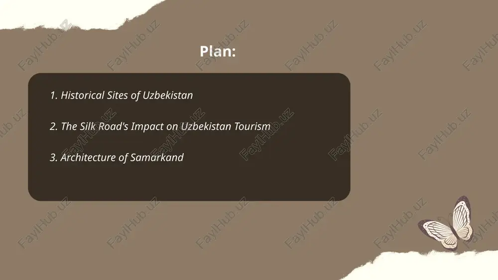 y uzbekistan, is renowned for its rich architectural heritage, particularly from the timurid era. founded in the 7th century bc and flourishing under various empires, it is a unesco world heritage site. the city's architectural pinnacle occurred during the reign of timur (tamerlane) in the 14th century. notable structures include the registan, a public square surrounded by three madrasahs built between 1417 and 1660, and the bibi-khanym mosque, completed in 1404. the gur-e-amir mausoleum, where timur is buried, features intricate azure mosaics and prominent domes. samarkand's architecture is characterized by its use of blue tiles, large domes, and lofty minarets, embodying persian and islamic influences. ... t.me/slaydai_bot 4. cultural festivals in uzbekistan uzbekistan hosts a variety of cultural festivals that showcase its rich traditions and heritage. the silk and spices festival in bukhara celebrates the ancient silk road's legacy with crafts and performances. navruz, the persian new year, is widely …