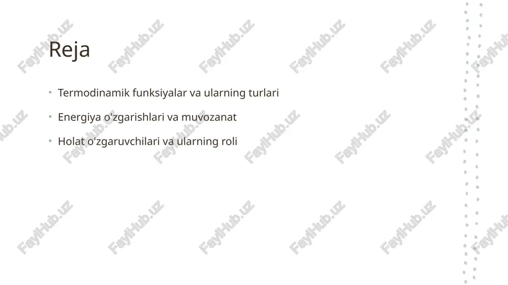 ti - tizim muvozanati holat funktsiyalariga asoslanadi. ular energiya va boshqa o'zgaruvchilar o'rtasidagi muvozanatni saqlashda muhim rol o'ynaydi. 4 amaliy misollar - termodinamikada holat funktsiyalarining amaliy misollari, masalan, issiqlik almashinuvi va kimyoviy reaksiya jarayonlarida ko'rinadi. termodinamik funksiyalar va ularning amaliy qo'llanmalari. 1 termodinamik funksiyalar termodinamik funksiyalar energiya va materiallar harakatini tushunishga yordam beradi, ular tizimning holatini va energiya o'zgarishlarini ifodalaydi. 2 amaliy qo'llanmalari termodinamik funksiyalar sanoatda energiya samaradorligini oshirish, issiqlik almashinuvi tizimlarini loyihalash va ekologik muammolarni hal qilishda keng qo'llaniladi. 3 misollar va tadqiqotlar misol uchun, issiqlik nasoslari va konditsionerlar termodinamik funksiyalardan foydalanadi, bu esa energiya sarfini kamaytirish va energiya samaradorligini oshirishga yordam beradi. energiya o'zgarishlarini tushunish: asosiy tushunchalar va misollar. 01 energiya o'zgarishlari energiya o'zgarishlari, tizimning holatidan kelib chiqib, ichki energiya, issiqlik va ish kabi turli shakllarda namoyon bo'ladi. 02 energiya saqlanishi energiya saqlanishi qonuni, energiyaning yo'qolmasligini ta'minlaydi. tizimda energiya o'zgarishlari doimo muvozanatda bo'lishi zarur. 03 tizim holatlari tizimning …