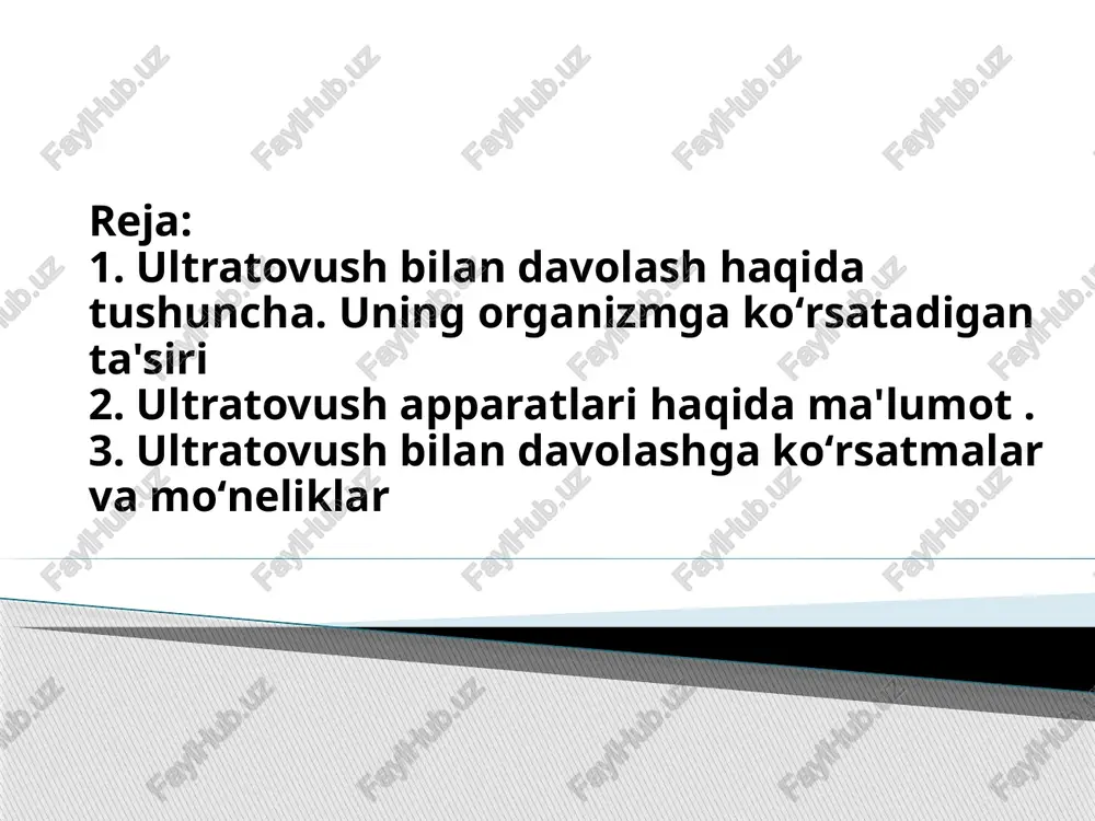 lan o'tkazilishi shart. davolovchi samarasi: yallig'lanishga qarshi, og'riq qoldiruvchi, spazmolitik, metabolik, defibrozlovchi, bakteritsid ko'rsatmalar : tayanch-harakat apparati kasalliklari (artrit, poliar- trit, podagra, osteoxondroz), nerv sistemasining kasalliklari va jarohat- lari, lor kasalliklari (tonzilit, vazamator renit), ko'z kasalliklari (kon'yuktivit, keratit), ginekologik va urologik kasalliklari (salpingo- ofarit, adneksit, prostatit), nafas olish organlari kasalliklari (bronxial astma, bronxit), stomatologik kasalliklar, oshqozon-ichak yo'li kasalliklari (oshqozon va 12 barmoq ichak yara kasalliklari, o't chiqarish yo'li diskineziyasi) va h.z. qarshi ko'rsatmalar: yurak ishemik kasalligi, zo'riqish stenokardiyasi iii-fs, homiladorlikning erta davri, tromboflebit, kaxeksiya, gipotoniya, qon ketishga moillik. metodika. ultratovush terapiya muolajasini o'tkazishda stabil va labil usullardan foydalaniladi. birinchi usulda nurlatkich bir holatda fiksatsiya qilinadi, ikkinchi usulda ta'sir sohasida uzluksiz harakat qilinadi. ultratovush tebranish ta'sir suvli yoki yog'li muxitda amalga oshiriladi. buning uchun vazelin va o'simlik yog'i yoki geldan foydalaniladi. kontakt muxit surtilganidan keyin nurlatkich jaroxatlangan organ proyektsiyasiga o'rnatiladi va bir xil aylanma harakatlar bilan kichik radiusda teridan olmagan holda …