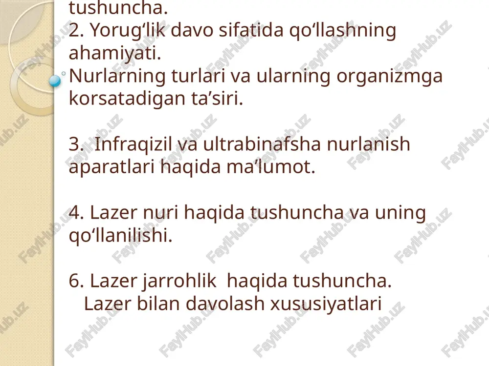 a namayon bo'ladi, infra qizil nurlanish jarayonida paydo bo'ladi, aniq chegaralarga ega bo'lmaydi va nurlatishdan 20-30 minutdan so'ng yo'qoladi. ba'zi paytlarda infra qizil nurlar bilan ko'p nurlatilganda yuzaki joylashgan venalar bo'ylab mahalliy dog'li pigmentatsiyalar qisqa vaqt davomida paydo bo'lishi mumkin. ajralayotgan issiqlik energiyasi o'tkir osti va surunkali bosqichlarda nurlanayotgan to'qimalarda metabolik jarayonlarni tezlashtiradi, yallig'lanish o'chog'iga polimorf-yaderli leykotsitlar va limfatsitlarning borpishini faollashtiradi. mikrotsirkulyar oqimning faollashishi va tomirlar o'tkazuvchanligining oshishi xujayralarning autoliz natijasida hosil bo'ladigan maxsulotlarning chiqishini uzaytiradi. ultra binafsha nurlantirish ultrabinafsha nurlarni davolashda qo'llash. ultrabinafsha nuri kvantlari yutilganda terida quyidagi fotoximik va fotobiologik reaktsiyalar kechadi: oqsil molekulalarining parchalanishi (f o t o l i z), o'ta murakkab biologik molekullalar (f o t o b i o s i n t ye z) yoki yangi fizik-ximik xususiyatli molekulalar (f o t o i z o m ye r i z a s i ya) hosil bo'ladi, shuningdek b i o r a …