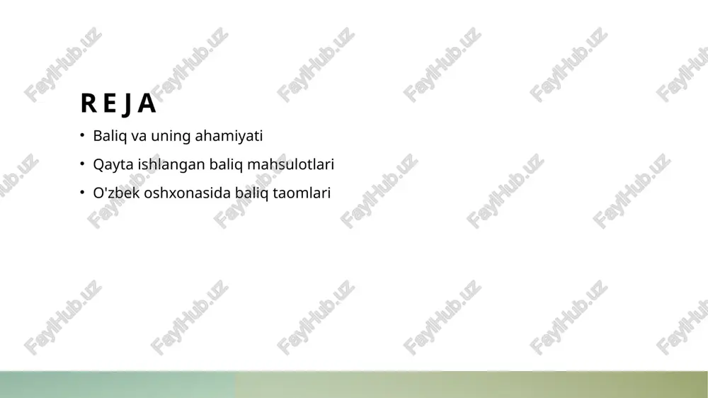 nalari o'zbeklarda baliq ovlash an'analari qadimdan mavjud. mahalliy jamoalar, baliq ovlashda o'z uslublarini saqlab kelishgan, bu esa madaniyatni boyitadi. qayta ishlangan baliq mahsulotlarining ta'rifi va turlari. qayta ishlash jarayoni qayta ishlangan baliq mahsulotlari baliqni tayyorlash, saqlash va iste'mol qilish jarayonida o'zgarishlarga uchraydi. ushbu jarayonlar sog'liq uchun foydali va xavfsiz mahsulotlarni ta'minlaydi. turlari qayta ishlangan baliq mahsulotlari qatoriga konserva, tuzlangan, qovurilgan va quritilgan baliqlar kiradi. har bir turi o'ziga xos tayyorlash usuli va ta'mga ega. oziqlanishdagi ahamiyati qayta ishlangan baliq mahsulotlari yuqori sifatli oqsil, omega-3 yog' kislotalari va vitaminlar manbai hisoblanadi. ular sog'lom ovqatlanishda muhim o'rin tutadi. baliqni qayta ishlash jarayonlari va texnologiyalari. baliqni tayyorlash baliqni qayta ishlash jarayoni baliqni tozalash, filetlash va pishirish kabi bosqichlarni o'z ichiga oladi. bu jarayonlar sifatni oshiradi. qayta ishlash texnologiyalari baliqni qayta ishlashda ishlatiladigan texnologiyalar orasida tuzlash, qozonlash, konservatsiyalash va quritish mavjud. har biri o'ziga xos usullarni talab qiladi. oziq-ovqat xavfsizligi qayta ishlangan baliq mahsulotlarining …