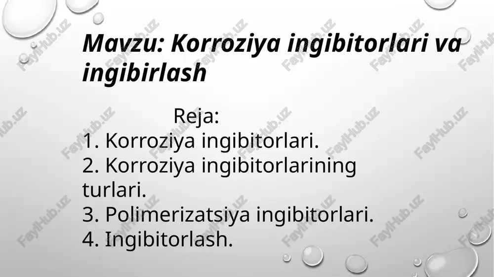 i susaytiruvchi moddalarni ifodalash uchun ishlatiladi. korroziya ingibitorlari — bu materiallarning, asosan metallarning, korroziyaga uchrashini oldini olish uchun qo'llaniladigan kimyoviy moddalar. ular korroziya jarayonlarini sekinlashtirish yoki to'xtatish maqsadida ishlatiladi. korroziya ingibitorlari asosan quyidagi yo'llar bilan ishlaydi: oksidlanishni to'xtatish: ingibitorlar metall yuzasida himoya qatlami yaratib, uning kislorod bilan reaksiyaga kirishishini oldini oladi. 2. ion almashinuvi: ba'zi ingibitorlar metallning yuzasida ionlar bilan muvozanatni saqlaydi va shu orqali korroziya jarayonini sekinlashtiradi. 3. kimyoviy reaksiyalarni to'xtatish: ba'zi moddalarning kimyoviy reaktsiyalari metallar bilan aloqada bo'lganida korroziya jarayonini kamaytiradi. korroziya ingibitorlarining turlari: organik ingibitorlar: bu turdagi ingibitorlar asosan organik birikmalar (masalan, aminlar, fenollar, karboksil kislotalar va boshqalar) bo'lib, ular metal yuzalariga o'rnashib, korroziya jarayonining yuzaga kelishini oldini olishadi. anodik ingibitorlar: bu ingibitorlar elektrokimyoviy jarayonlarda anod reaktsiyalarini (metallning oksidlanishi) sekinlashtiradi yoki to'xtatadi. ular asosan metallarni passivlashtiradi. 3.katodik ingibitorlar: bu ingibitorlar katod reaktsiyalarini (masalan, kislorodning reduktsiyasini) sekinlashtiradi. ular metall yuzasining pasivlashishiga yordam beradi, kislorod yoki boshqa oksidlovchi moddalarning …