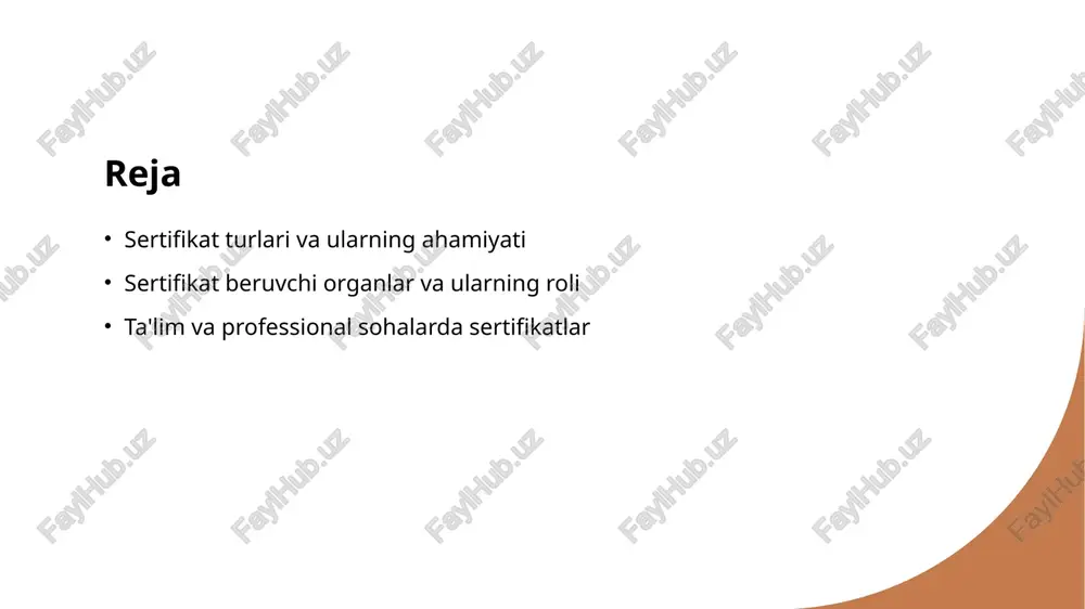 tni aks ettiradi, balki ijtimoiy e'tirof va obro'ni oshiradi, shuning uchun ular ko'pchilik tomonidan qadrlanadi. sertifikat beruvchi organlar: turlari va vazifalari. 1 sertifikat turlari - sertifikatlar turli sohalarda beriladi, masalan, ta'lim, sog'liqni saqlash va kasbiy malaka oshirish. har bir sertifikat o'ziga xos talablar va maqsadlarga ega. 2 sertifikat beruvchi muassasalar - sertifikatlarni beruvchi organlar davlat va xususiy sektorda faoliyat yuritadi. ular malaka oshirish va standartlarga muvofiqlikni ta'minlaydigan muassasalardir. 3 vazifalari va ahamiyati - sertifikat beruvchi organlar malakali mutaxassislarni tayyorlashda, ishchi kuchining sifatini oshirishda va ijtimoiy ishonchni ta'minlashda muhim rol o'ynaydi. sertifikatlashtirish jarayonida ishtirok etuvchi muassasalar. sertifikat beruvchi organlar sertifikat beruvchi organlar, malaka oshirish va ta'lim sohasida muhim rol o'ynaydi. ular standartlarga muvofiq sertifikatlarni berish orqali professionallarni tasdiqlaydi. davlat va xususiy sektor sertifikatlashtirish jarayonida davlat va xususiy sektor organlari ham ishtirok etadi. davlat organlari ko'pincha xalqaro talablarni hisobga oladi, xususiylar esa tezkorlikni ta'minlaydi. ta'lim muassasalari ta'lim muassasalari, masalan, universitetlar va institutlar, …