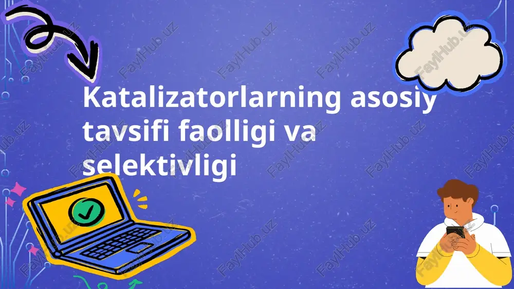 iya devorini pasaytirib, molekulalarning to‘qnashuvi uchun qulay shart-sharoitlarni taqdim etadi katalizatorlarning samaradorligi - ular reaksiyalarning samarali o‘tishini ta'minlaydi va natijada maqsadli mahsulot ko‘proq hosil bo‘ladi uses in industry - katalizatorlar sanoatda keng qo‘llanilib, kimyo, neft va farmatsevtika sohalarida muhim rol o‘ynaydi 8 selektivlik katalizatorning ma'lum reaksiyalarni tanlash qobiliyatidir katalizatorlarning roli - katalizatorlar birikmalarning kimyoviy reaktsiyalarini tezlashtirib, energetik to'siqlarni kamaytiradi selektivlik tushunchasi - selektivlik kimyoviy reaktsiyalarda maxsus mahsulotlarni olish imkoniyatidir selektivlikning afzalliklari - selektiv katalizatorlar isrofgarchilikni kamaytirib, atrof-muhitni muhofaza qiladi kelajakdagi istiqbollar - yangi selektiv katalizatorlar ishlab chiqilishi kimyoviy jarayonlarni yanada samarali va ekologik toza qiladi 9 katalizatorlarning faolligi temperaturaga bog'liq bo'ladi katalizatorlar va ularning roli - katalizatorlar kimyo jarayonlarida tezlikni oshirish uchun ishlatiladi va ularning faolligi temperatura bilan bog'liqdir. temperatura va aktivlik - temperatura oshganda, molekulalarning harakatlanuvchanligi ortadi va bu katalizatorlarning faolligini kuchaytiradi. optimal temperatura - har bir katalizator uchun optimal temperatura mavjud bo'lib, ushbu darajada u maksimal faollikni ko'rsatadi. …