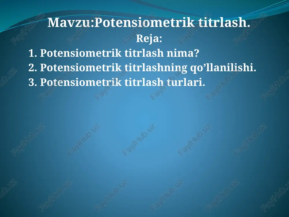 larining kislotalilik yoki ishqoriyligini aniqlash uchun atrof-muhit monitoringida ham qo'llanilishi mumkin. potensiometrik titrlashning yana bir afzalligi shundaki, u indikator bo'yoqlardan foydalanishni talab qilmaydi, bu esa ba'zida natijalarning aniqligiga xalaqit berishi mumkin. buning o'rniga, usul rangli yoki loyqa namunalar mavjudligi ta'sir qilmaydigan elektr potentsialini o'lchashga tayanadi. 29-rasm.ponensiometrik titrlash ustanovkasining sxemasi. 1-titrlanishi lozim bo`lgan eritma solingan stakan; 2-cho`kib qolgan xingidron; 3-xingidron elektrod; 4-kalomel elektrod; 5-byuretka; 6-akkumlyator; 7-viklyuchatel; 8-kalit; 9-suruluvchi kontakt; 10-galvanometr; a,b-reoxord potensiometrik titrlash ko'p qirrali va keng qo'llaniladigan analitik usul bo'lib, turli xil titrlash turlari uchun ishlatilishi mumkin. kislota-asos, oksidlanish-qaytarilish va kompleksometrik titrlashdantashqari, potentsiometrik titrlash cho'kma titrlash uchun ham qo'llanilishi mumkin, bunda tahlil qilinadigan eritmaga oxirgi nuqtaga qadar cho'ktiruvchi vosita qo'shiladi. bu usul, ayniqsa, eritmadagi metall ionlarining iz miqdorini aniqlash uchun foydalidir. potensiometrik titrlash, shuningdek, namuna tarkibi haqida batafsil ma'lumot berish uchun xromatografiya va spektroskopiya kabi boshqa analitik usullar bilan birgalikda ishlatilishi mumkin. masalan, potentsiometrik titrlash kuchsiz kislotaning kislotadissotsilanish konstantasini aniqlash …