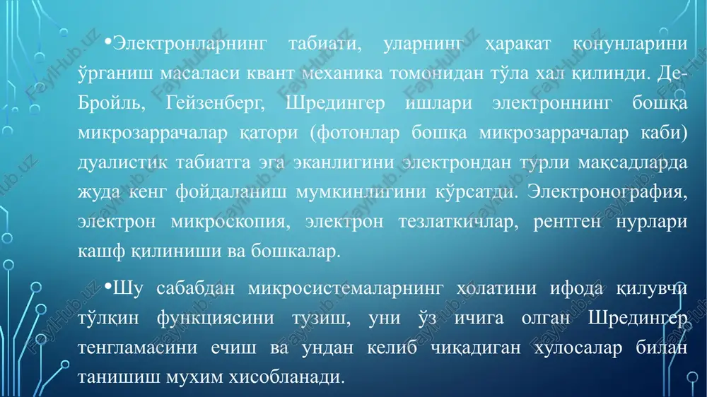 t o'tgandagina tan olindi. 19 asr davomida to'lqin nazariyasini isbot qiluvchi yana bir qancha tajriba asosida olingan dalillar paydo bo'ldi va 20 asrning boshiga kelib, olimlar dunyosida yorug'lik to'lqin tabiatiga egaligi haqida fikr xech kim tomonidan inkor etilmagan, xuddi bundan 100 yil avval yorug'likning korpuskulyar tabiatga ega ekanligini tan olgani kabi. 1985 va 1898 yillar oralig'ida rentgen x – nurlarni, bekkerl – radioaktivlikni va tomson – elektronni kashf etdi. bu kashfiyotlar bilan birgalikda elektromagnit nurlanishning tabiatini to'la tushuntirish xam kirib keldi. elektronning elektr zaryadining qiymatini amerikalik fizik milliken topgan (1909-1917 yillardagi tajribalar asosida). (1.6*10-19kl.) bu zaryadni elementar zaryad birligi deb ataladi. elektron zaryadini va tomson topgan e/m nisbatni bilgan xolda elektronning massasini aniqlash mumkin. 9.11*10-31 kg yoki vodorod atomi massasining 1/1849 qismini tashkil qiladi. xix asrning oxirida ko'p olimlar tajribada olingan energiya zichligining taqsimlanish egri chiziqlarini, nazariy tushuntirishda 1-bo'lib stefan-boltsman qonunining o'rganilishi bo'ldi. bu qonunni 1879 yilda stefan taklif qildi …