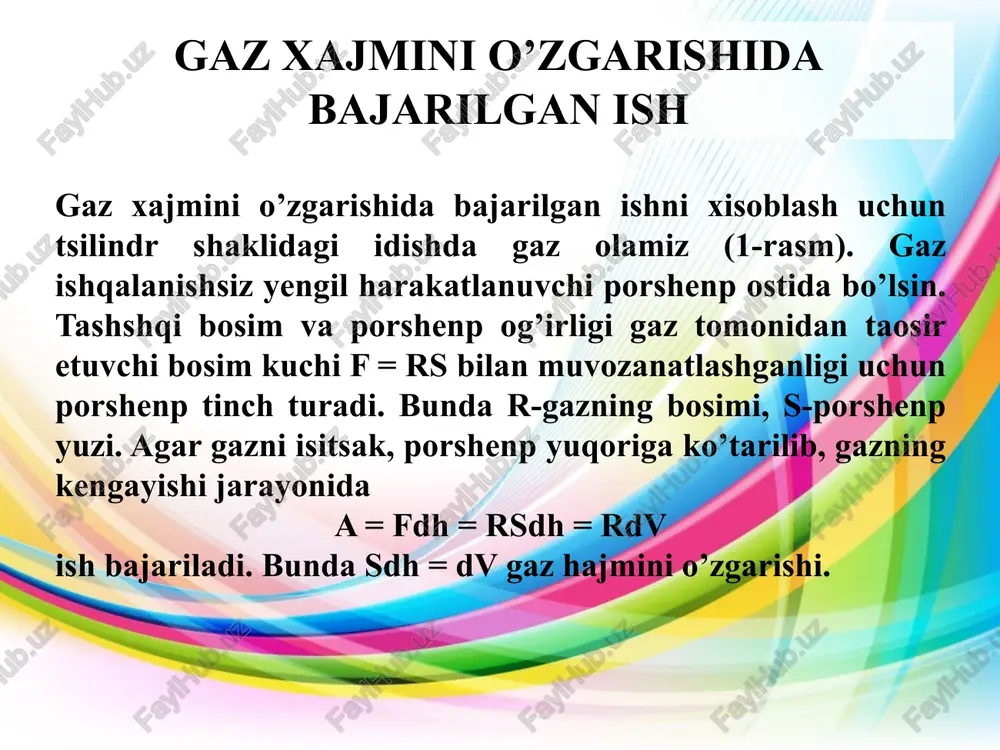 qolib, gazning temperaturasi o’zgarishi bilan uning hajmi o’zgaradi. bu vaqtda bajarilgan ish bilan aniqlanadi. son jihatdan bu ish pv diagrammasidagi shtrixlangan yuzaga teng (3-rasm). bu jarayonda ideal gazga berilayotgan issiqlik miqdori δq va ideal gazning ichki energiyasi du ni oshirishga va gazning kengayib bajargan ishi δa ga sarflanadi: 3-rasm 2. izoxorik jarayon. bu jarayon davomida ideal gazning hajmi doimiy (v=const) qoladi. shuning uchun bu jarayon davomida ish bajarilmaydi, chunki dv=0. bu jarayon davomida sistemaga berilayotgan issiqlik miqdori gazning faqat ichki energiyasini oshirishga sarflanadi, ya’ni 3. izotermik jarayon. bu jarayon davomida gazning temperaturasi (t=const) doimiy qoladi va bo’lganligi uchun du=0 yoki u=const, ya’ni gazning ichki energiyasi o’zgarmaydi. bu jarayon davomida gazga berilayotgan issiqlik miqdori gazning kengayib ish bajarishiga sarflanadi (4-rasm). bajarilgan ish ga teng. bu hol uchun termodinamikaning birinchi qonuni ko’rinishda bo’ladi 4-rasm adiabatik jarayon tashqi muhit bilan issiqlik almashmaydigan jarayonga adiabatik jarayon deyiladi, ya’ni δq=0. shuning uchun ham gaz bu …