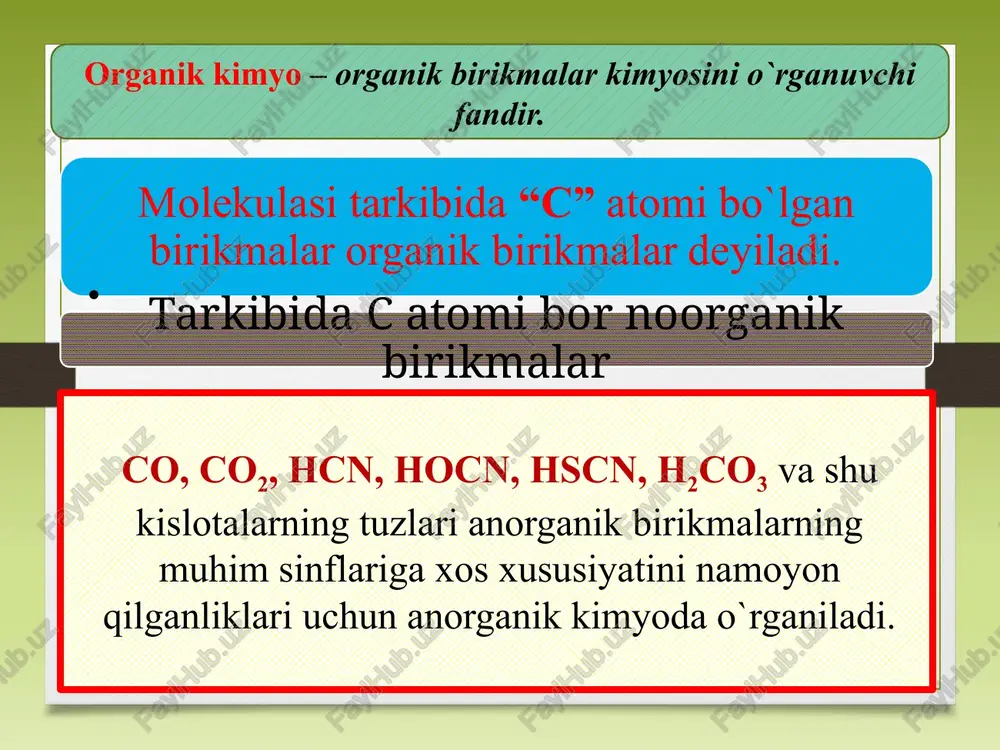 (f. kekule va a. kuper, 1858). rus olimi a. m. butlerov. izomeriya hodisasining mohiyatini birinchi bo'lib tushuntirib berdi (1864-yil) izobutilenni sintez qildi va uning polimerlanish reaksiyasini amalga oshirdi (1867-yil), bu bilan yuqori molekular birikmalar sinteziga asos soldi. 1861-yilda butlerov o`zining “tuzilish nazariyasini” taklif qildi va 5 qoidani kiritdi. tuzi lish naza riyasi 1. molekulada atomlar tartibsiz joylashgan emas balki ular bir – biri bilan o`z valentliklarga muvofiq xolda birikadi 4. modda molekulasidagi atomlar va atomlar gruppasi o`zaro bir – biriga ta`sir etib turadi. 5. kimyoviy reaksiyalarda modda molekulasini tashkil etgan barcha atomlargina emas balki ayrim atomlar yoki atomlar gruppasi ham ishtirok etadi. 2. moddaning xossalari uning molekulasi tarkibida qanday atomlar va qancha miqdorda bo`lishigagina emas balki ularning kimyoviy tuzilishiga ham bog`liq bo`ladi. kimyoviy tuzilishning bu qoidasi. izomeriya hodisasini tushuntirib beradi. 3. berilgan moddaning xossasini o`rganish natijasida uning kimyoviy tuzilishini, kimyoviy tuzilishini bilgan xolda uning xossalarini aytib berish mumkin organik moddalarning …
