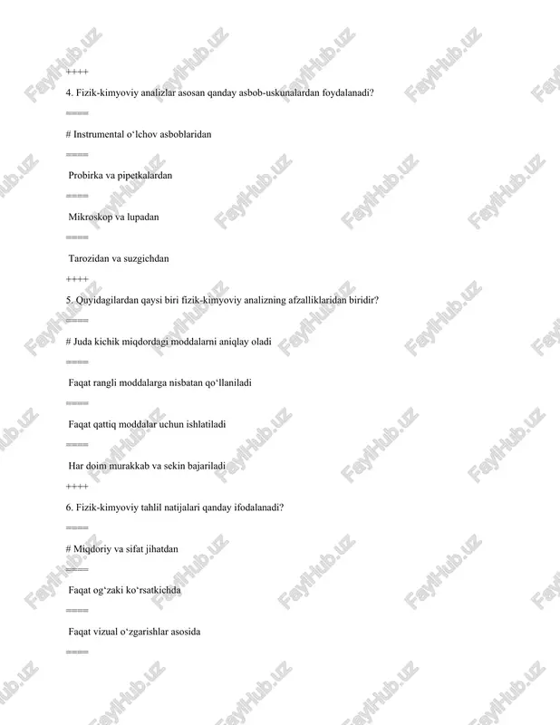 tlardan qaysi biri fizik-kimyoviy analizga xos emas? ==== # biologik o‘zgarishlarni aniqlash ==== spektr chiziqlari asosida element aniqlash ==== eritma o‘tkazuvchanligini o‘lchash ==== elektrod potentsiallarini hisobl ++++ 11. refraktometriya qanday hodisaga asoslanadi? ==== # yorug‘likning sinish (refraksiya) burchagiga ==== elektr kuchlanishiga ==== moddaning zichligiga ==== issiqlik o‘tkazuvchanligiga ++++ 12. fizik-kimyoviy analiz usullarida qanday signal turlari o‘lchanadi? ==== # elektr, optik, issiqlik va akustik ==== faqat elektr signallari ==== rangi va hidi ==== vizual va subyektiv belgilar ++++ 13. fizik-kimyoviy analiz qanday maqsadlarda qo‘llaniladi? ==== # moddaning identifikatsiyasi va miqdoriy aniqlanishi ==== faqat zaharlilik darajasini aniqlashda ==== moddaning yonuvchanligini tekshirishda ==== organik reaksiya tezligini baholashda ++++ 14. polarimetriya usuli nimaga asoslanadi: ==== # polarizatsiyalangan yorug‘lik burchagining o‘zgarishiga ==== qaynoq eritma bug‘lanishiga ==== moddaning zichligiga ==== rangli eritma yutilishiga ++++ 15. fizik-kimyoviy analizlar asosan qanday moddalarda qo‘llaniladi? ==== # har qanday agregat holatdagi moddalarda ==== faqat gaz holatda ==== faqat qattiq jismlarda …