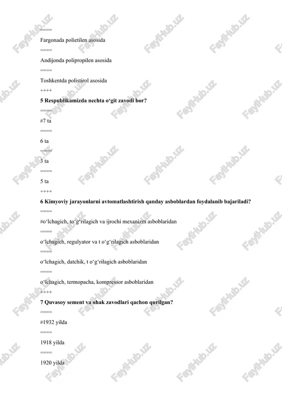 rbonatlari borligi bilan ==== suvda kalsiy va magniyning xloridning borligi bilan ==== suvda kalsiy va magniyning karbonatlari borligi bilan ==== suvda kalsiy va magniyninghar qanaqa turlari borligi bilan ++++ 11 h₂so₄ olishda so₃ gazini ..... bilan adsorbsiya qilinadi. ==== # suyultirilgan sulfat kislota ==== konsentrlangan sulfat kislota ==== issiq bug‘ ==== suv ++++ 12 klaus usulida h2s dan s olganda qanday reaksiyalar boradi? ==== #h2s +3/2o2↔h2o+so2 so‘ngra so2 ni qaytarib s olinadi ==== 2h2s + so2 ↔ 2h2o3/n so‘ngra son ni qaytarib s olinadi ==== h2s gacha oksidlantiradi 3h2s+ 3/2o2 ↔ 3h2o+3/2 s ==== h2s + zno = zns+h2o; so‘ngra zns qaytarib olinadi ++++ 13 sulfat kislotasining azeatrop aralashmasi necha foizli bo‘ladi? ==== #98,3 % li ==== 93,5 % li ==== 92 % li ==== 75 % li ++++ 14 sintetik ammiak necha navda ishlab chiqariladi? ==== #3 navda 90% li, 92% li, 95 %li ==== 2 navli a va …