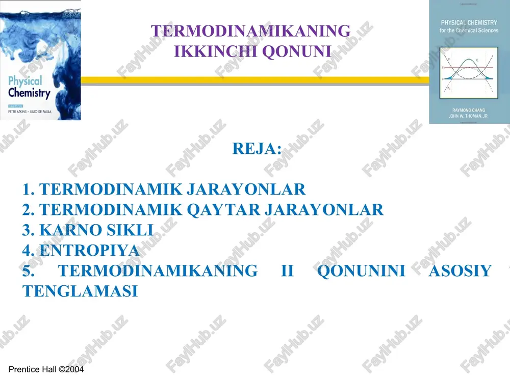 i termostatdagi suyuqlikka tushirib, uni isitish mumkin, lekin bu jarayonning teskarisini amalga oshirish mumkin emas, ya'ni suyuqlikdan uni isitish uchun ketgan issiqlikni olib, akkumulyatorni zaryadlash mumkin emas. - biror balandlikdagi ma'lum potentsialga ega bo‘lgan toshni suvga (yoki erga) tushirib, uni isitish mumkin, lekin bunda suyuqlik olgan issiqligini olib toshni avvalgi balandligiga ko‘tarish mumkin emas va hokazo. nima uchun bir jarayonni borishi mumkinu, boshqasi mumkin emas? jarayonlarni atroflicha, to‘liq o‘rganishda termodinamikaning i qonuni yetarli emas. bu esa, yangi qonunga murojaat qilish kerakligini taqozo qiladi. mana shunday yangi qonun - termodinamikaning ikkinchi qonunidir. prentice hall ©2004 agar biror jarayonning tashqi belgilariga qarab u qaysi jarayonga mansubligi aniqlansa, termodinamikaning ikkinchi qonunidan foydalanib, jarayonning qaysi tomonga yo‘nalishini oldindan aytish mumkin. ikkinchi qonunning asosiy vazifasi jarayonning yo‘nalishi va borish chegarasini oldindan nazariy, ya’ni tajriba o‘tkazmasdan aytib berishdan iboratdir. !!!! buni aniqlashda termodinamik funktsiyalar deb atalgan kattaliklar – entropiya, gel'mgol'ts funktsiyasi, gibbs funktsiyasi, kimyoviy potentsial qiymatlarining …