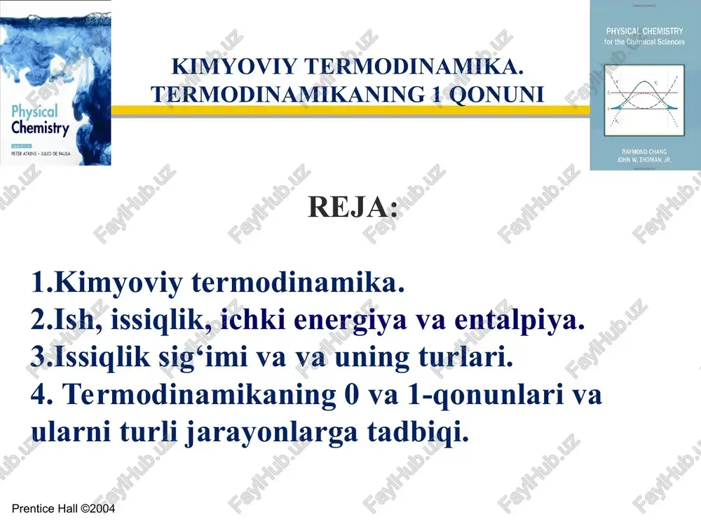 t bilan ta`sirlanishi (turlari). prentice hall ©2004 sistema turlari izolirlangan sistema yopiq sistema ochiq sistema quyosh energiyasi yerning nurlanishi quyosh energi-yasi yog’ingar-chiliklar bug’lanish nurlanish prentice hall ©2004 * * bu erda qaysi biri parametr emas? temperatura t, hajm v, bosim p atom o’lchovi sistema massasi m, n = m/m sistema energiyasi, u prentice hall ©2004 4. o‘z-o‘zidan sodir bo‘ladigan jarayonlar o‘z-o‘zidan sodir bo‘lmaydigan jarayonlar qaytar jarayonlar qaytmas jarayonlar ish, issiqlik (a,q) ichki energiya (u) va entalpiya (h) issiqlik sig‘imi (cv) prentice hall ©2004 ish, issiqlik (a, q) termodinamikadagi asosiy fizik xususiyat ishdir: ish qarama-qarshi kuchni yengishga qaratilgan harakatdir. oddiy misol tortishish kuchini yengishga qaratilgan yukni ko’tarish jarayonidir. issiqlik - bu molekulalarning tartibsiz harakati orqali energiya uzatilishidir. molekulalarning tartibsiz harakati natijasida energiyaning sistemaning bir qismidan ikkinchi qismiga berilishi issiqlik deb ataladi. prentice hall ©2004 (a) energiya atrof-muhitga issiqlik ko’rinishida uzatilganda, bu uzatma atrof-muhitdagi atomlarning tartibsiz harakatini jadallashtiradi. energiyaning atrof-muhitdan sistemaga uzatilishi …